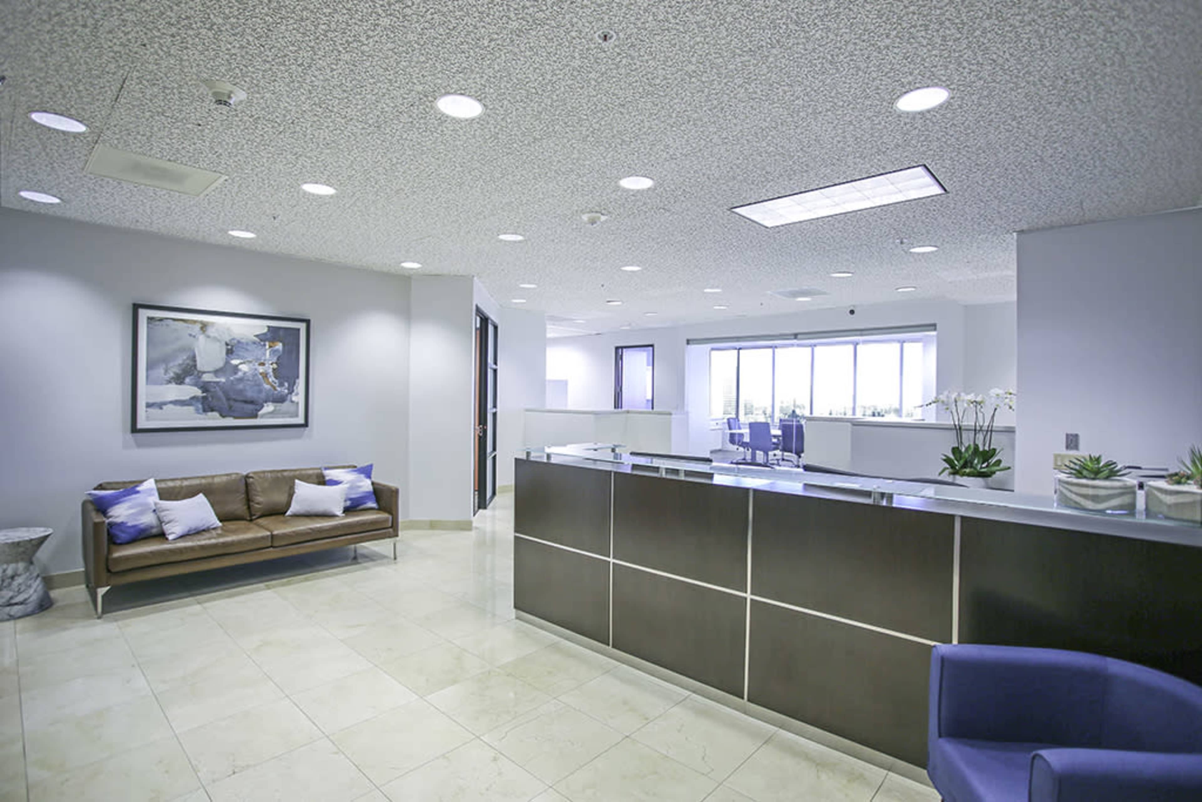 A modern office reception area with a sleek front desk, a brown sofa, and a large window overlooking a green landscape.
