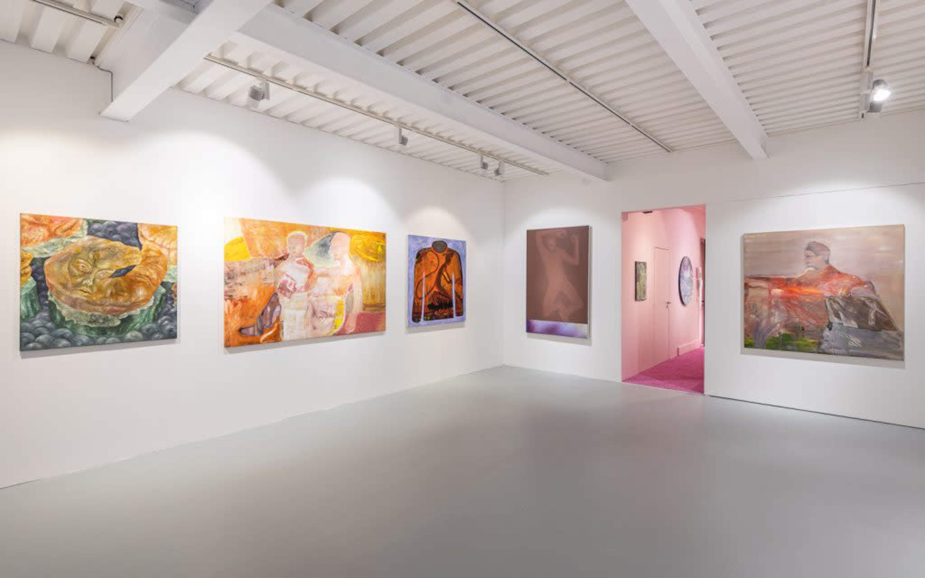 A modern art gallery featuring several abstract paintings displayed on white walls, with a doorway leading to a pink-lit area.