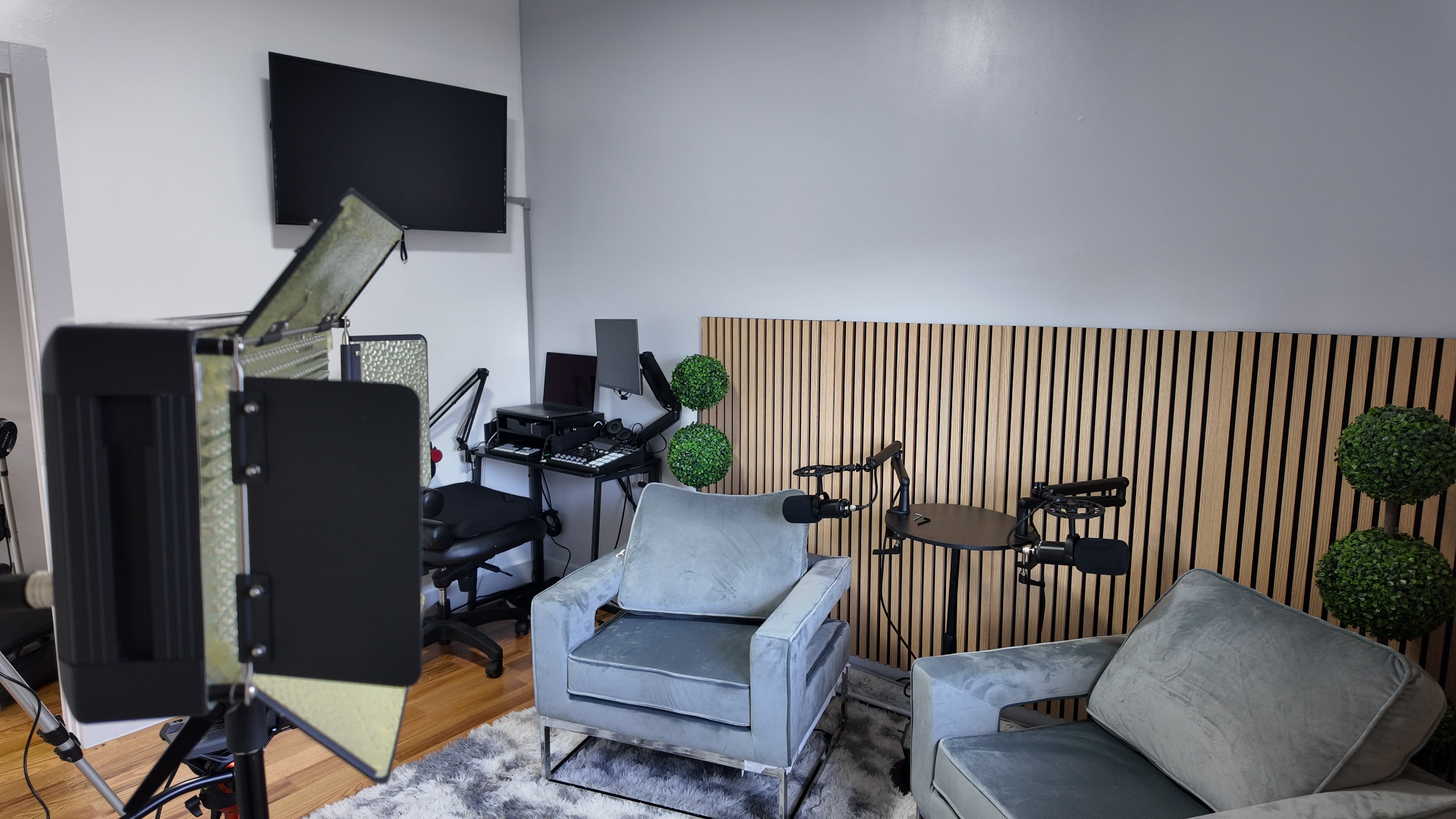 A small studio setup with two chairs, microphones mounted on stands, and a wall featuring wood paneling and artificial plants.