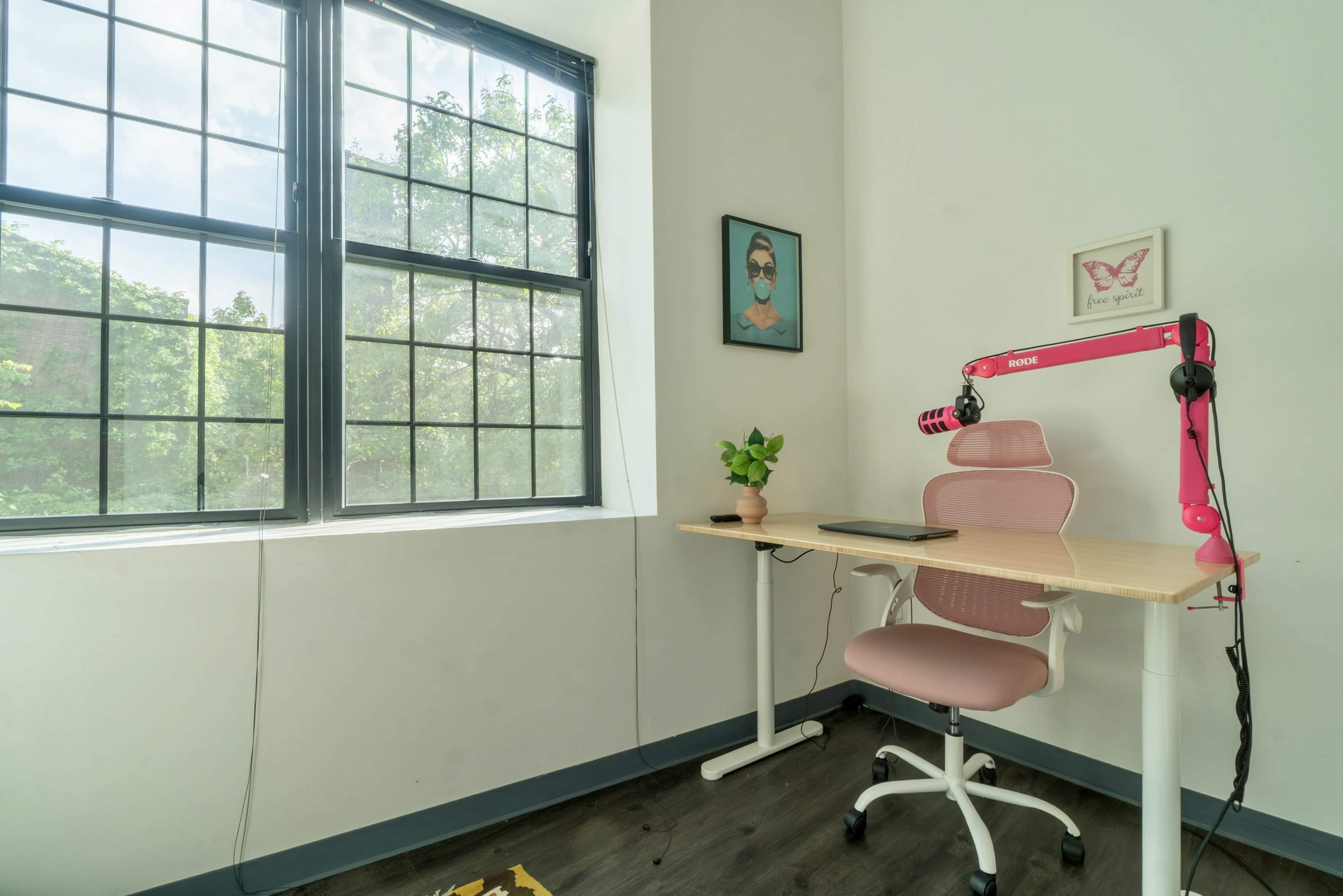 A small office space features a desk and a pink chair, with a window allowing natural light and a potted plant on the desk.