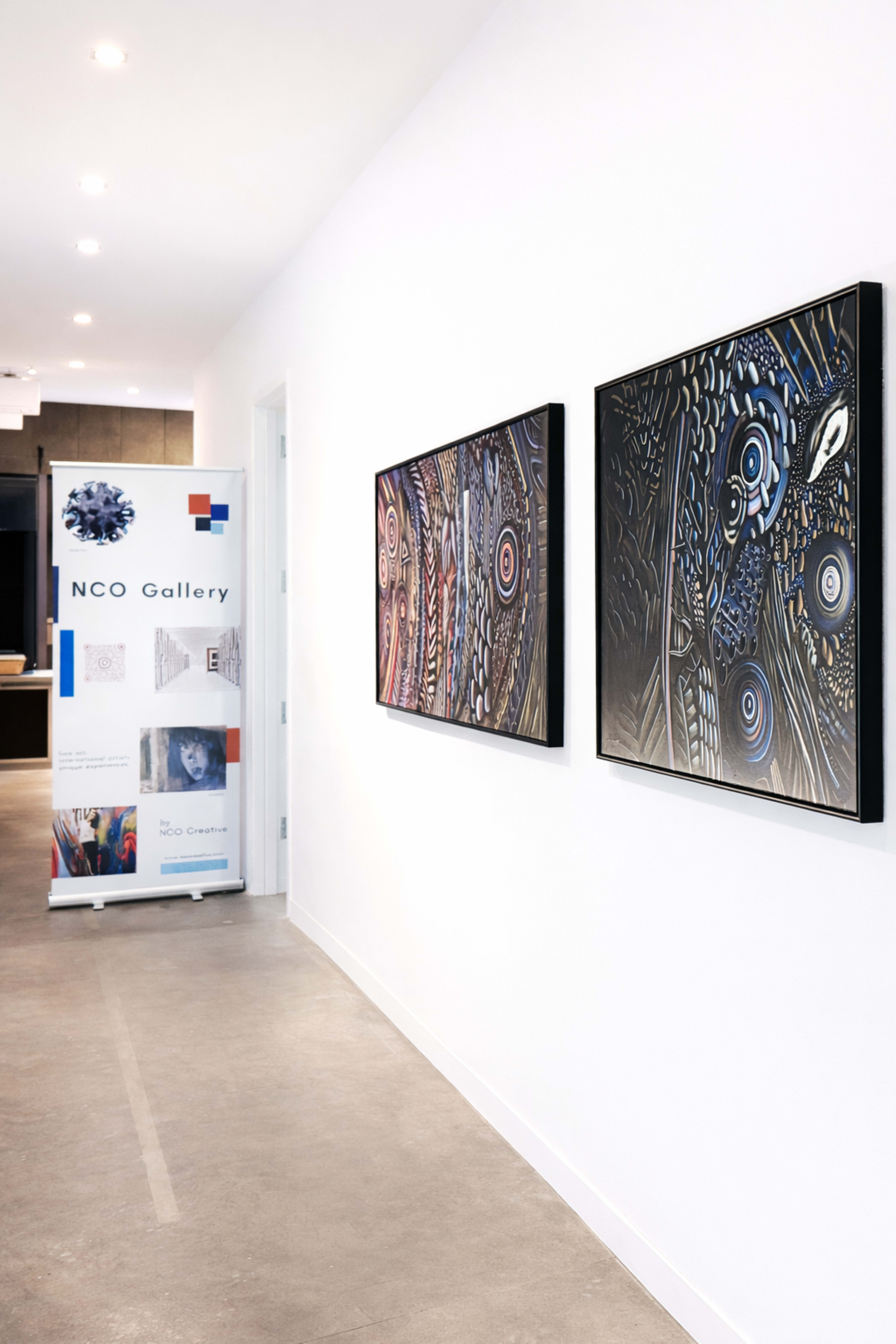 The image shows a modern gallery hallway with two framed artworks on the wall and a banner stand displaying information about the NCO Gallery.