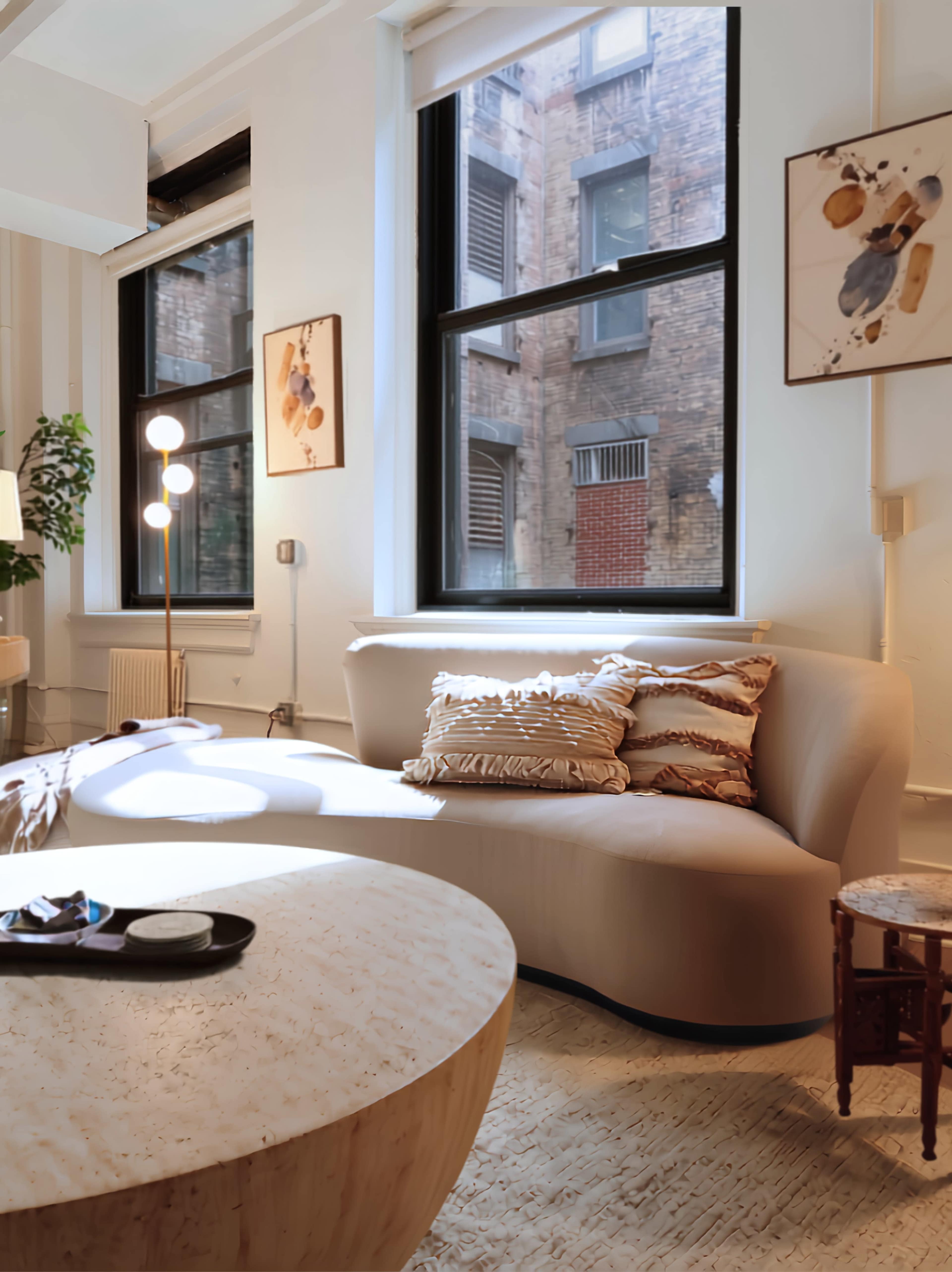The image shows a modern living room with a beige sofa, a round coffee table, and large windows revealing a view of a brick building outside.