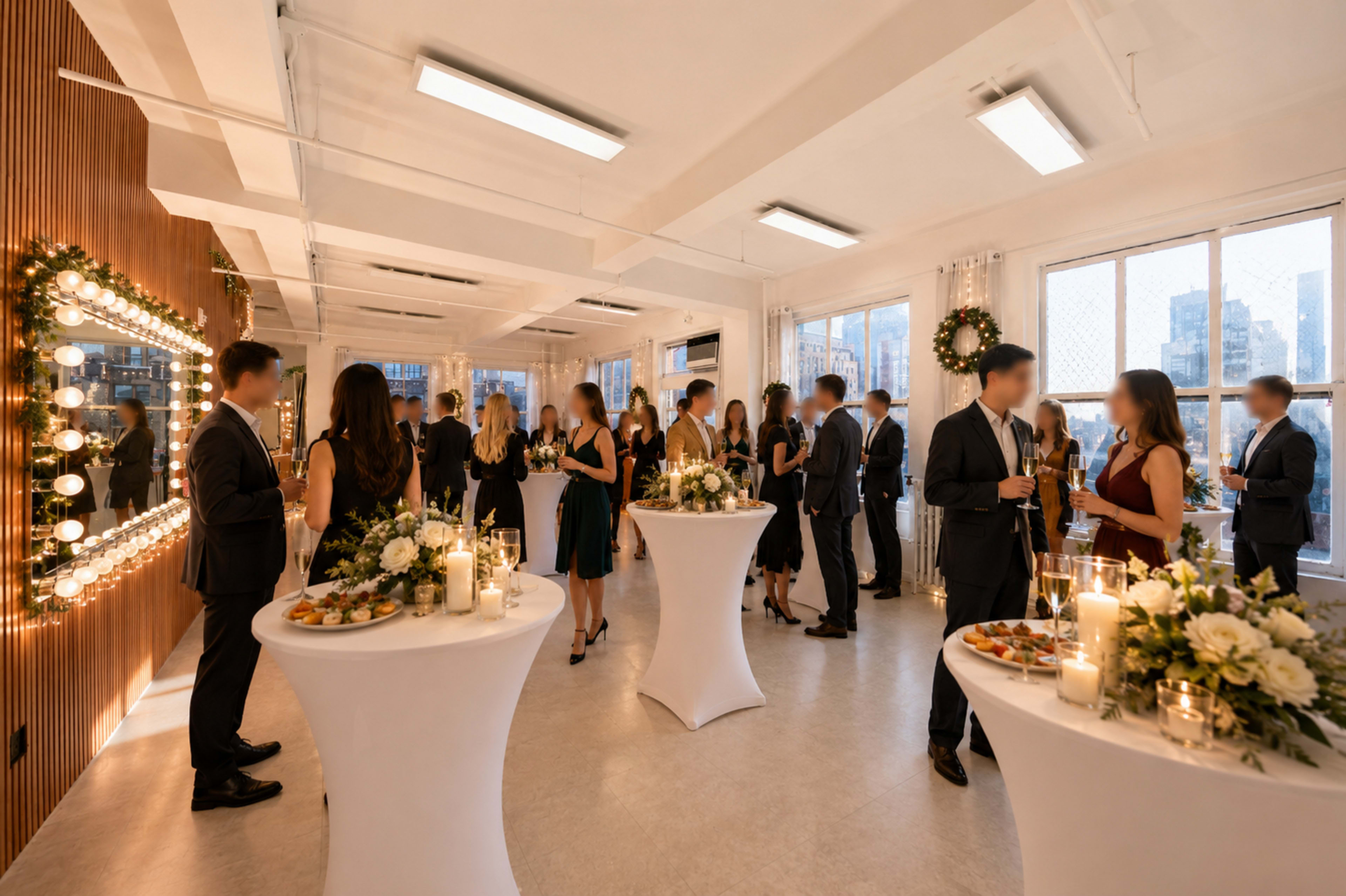 A group of people dressed in formal attire socializes at an elegant indoor event with white tables, floral arrangements, and soft lighting.