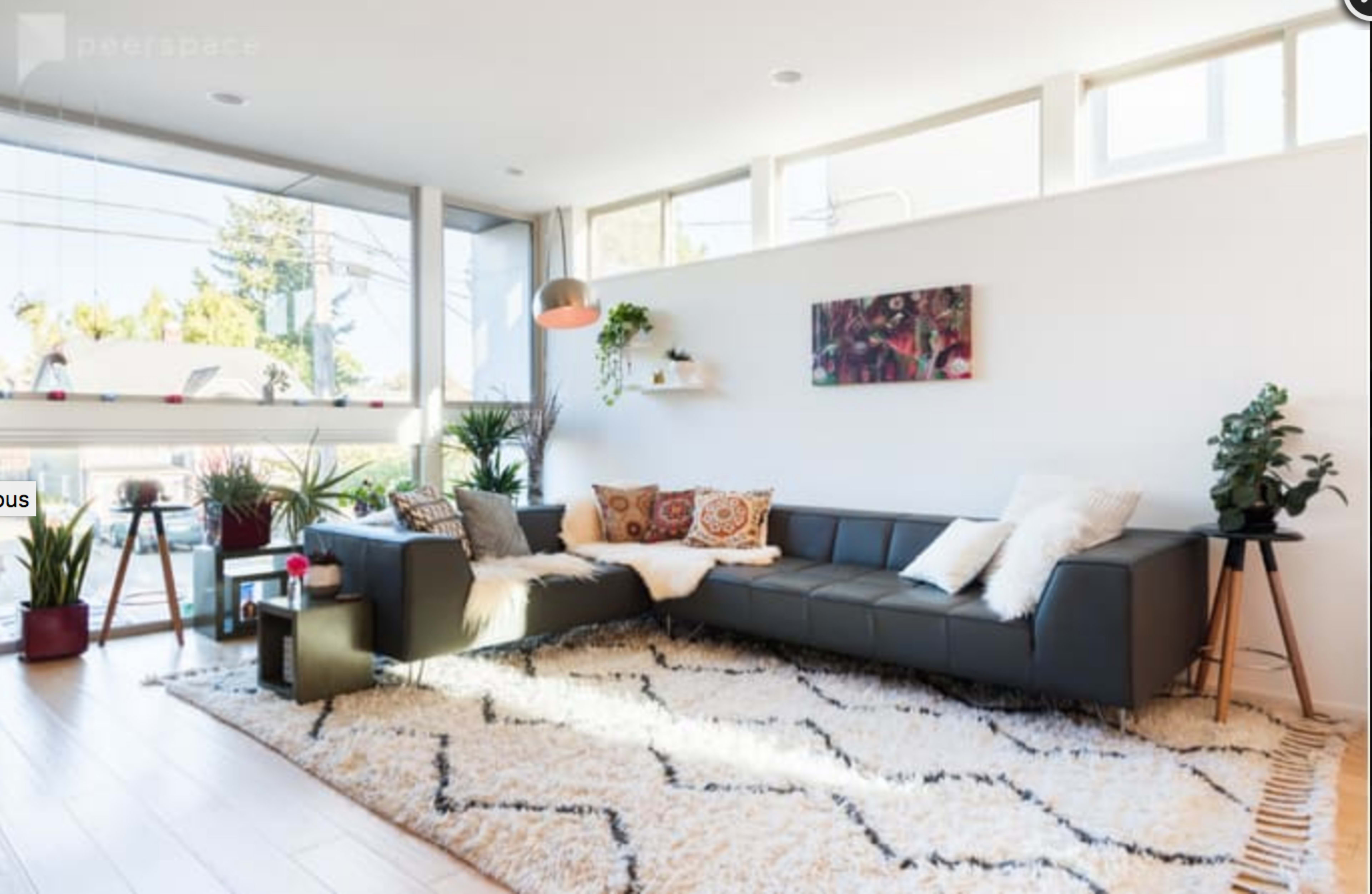 The image shows a modern living room with a black sectional sofa, a light-colored rug, and large windows letting in natural light, adorned with various plants and wall art.