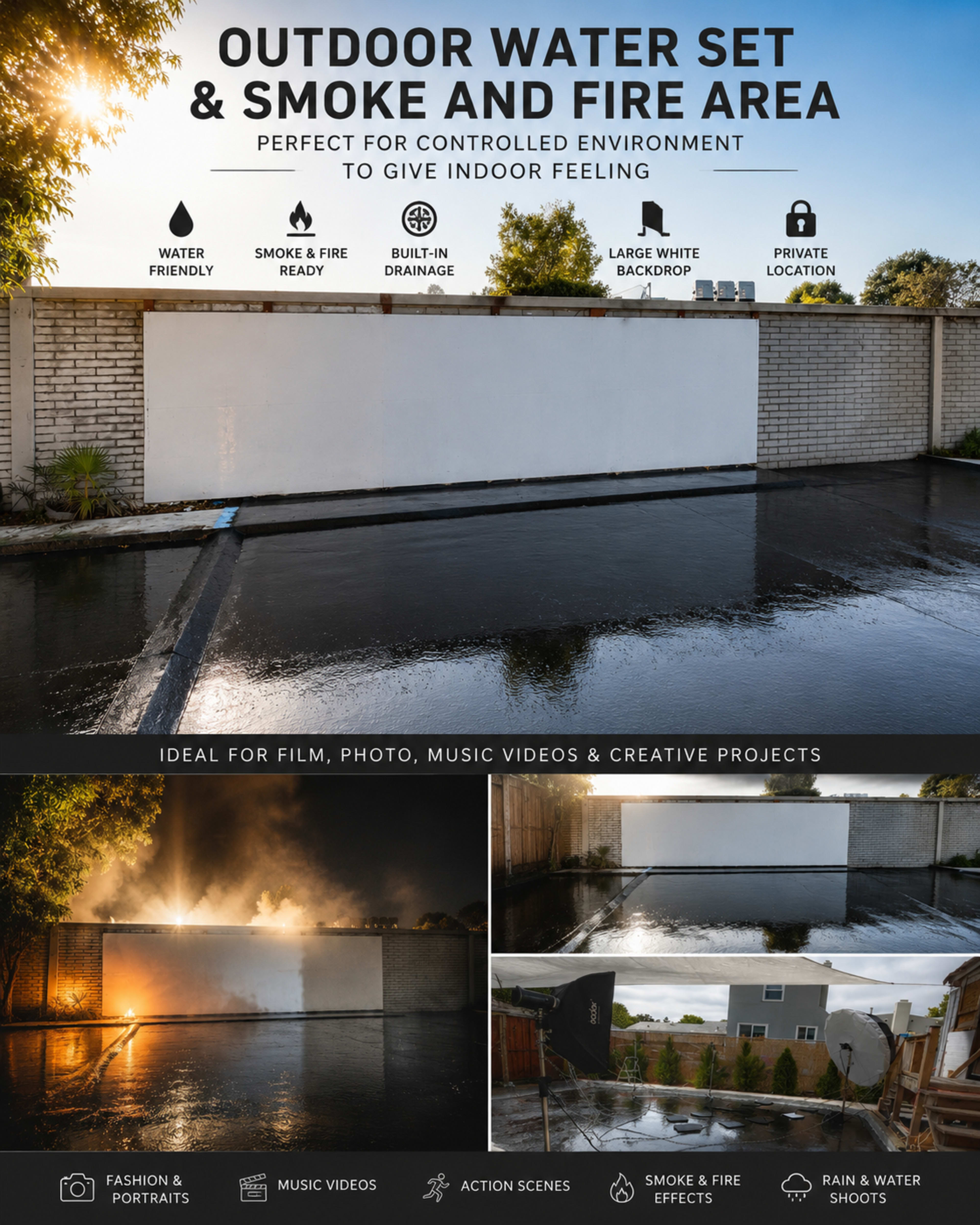 The image showcases an outdoor water set designed for film and photography, featuring a large white backdrop, water-friendly surface, and a smoke and fire area for creating controlled scenes.