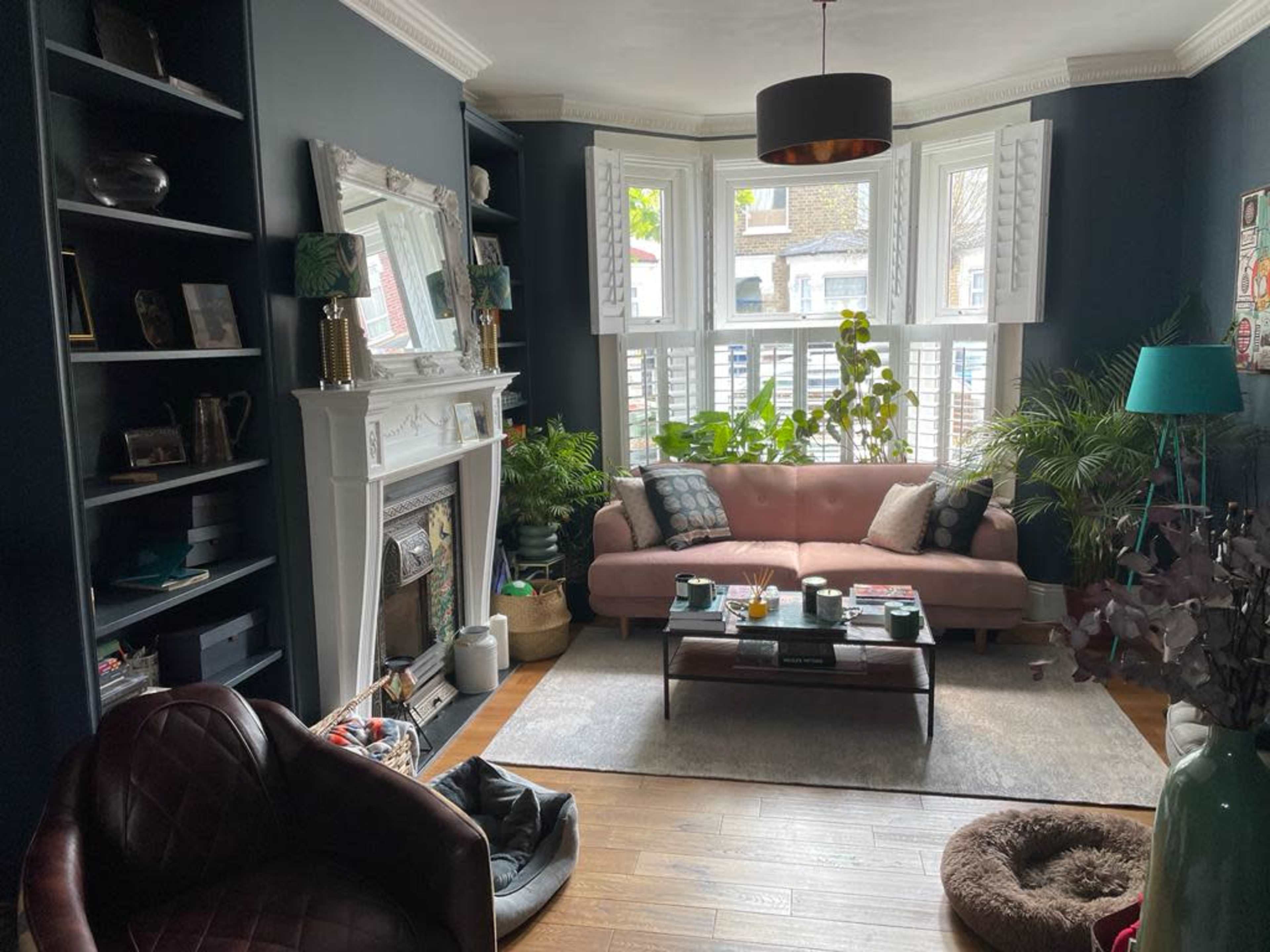 A modern living room featuring a pink sofa, a fireplace, bookshelves, and large windows with plants positioned throughout.