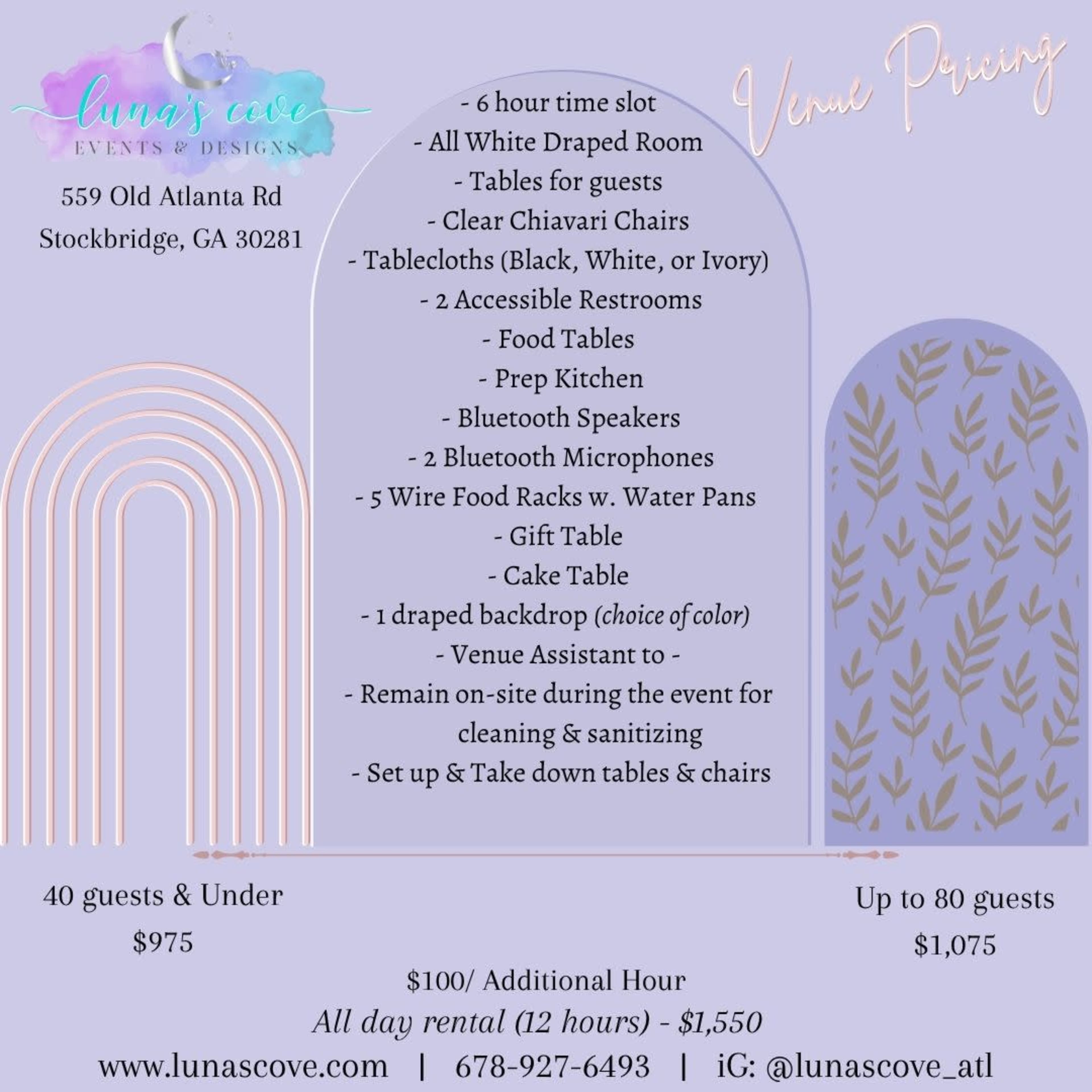The image displays a pricing sheet for venue rental at Luna's Cove, including details on room setup, equipment, and amenities for events of various sizes.