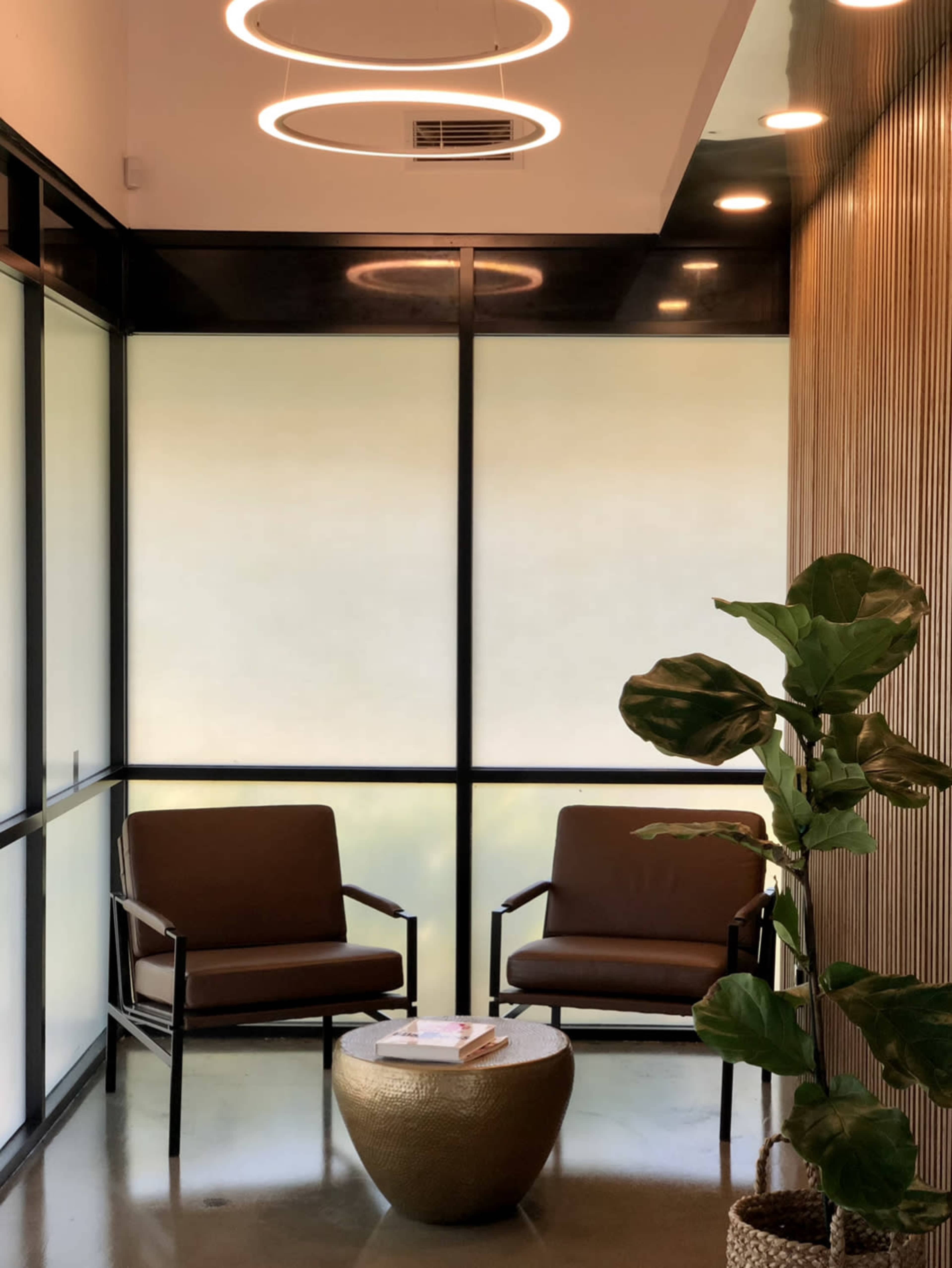 A corner seating area with two brown chairs, a round table, and a large potted plant, illuminated by circular pendant lights.