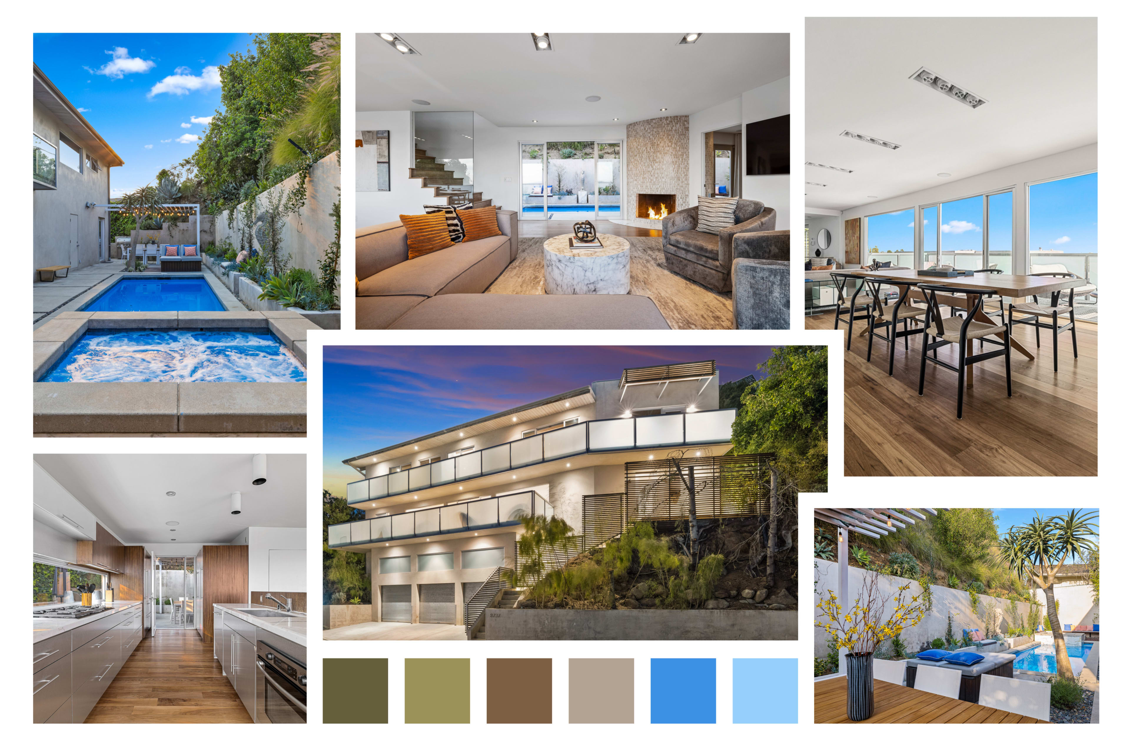 The collage showcases various modern interiors and exteriors of upscale homes, featuring swimming pools, spacious living areas, and sleek kitchens.