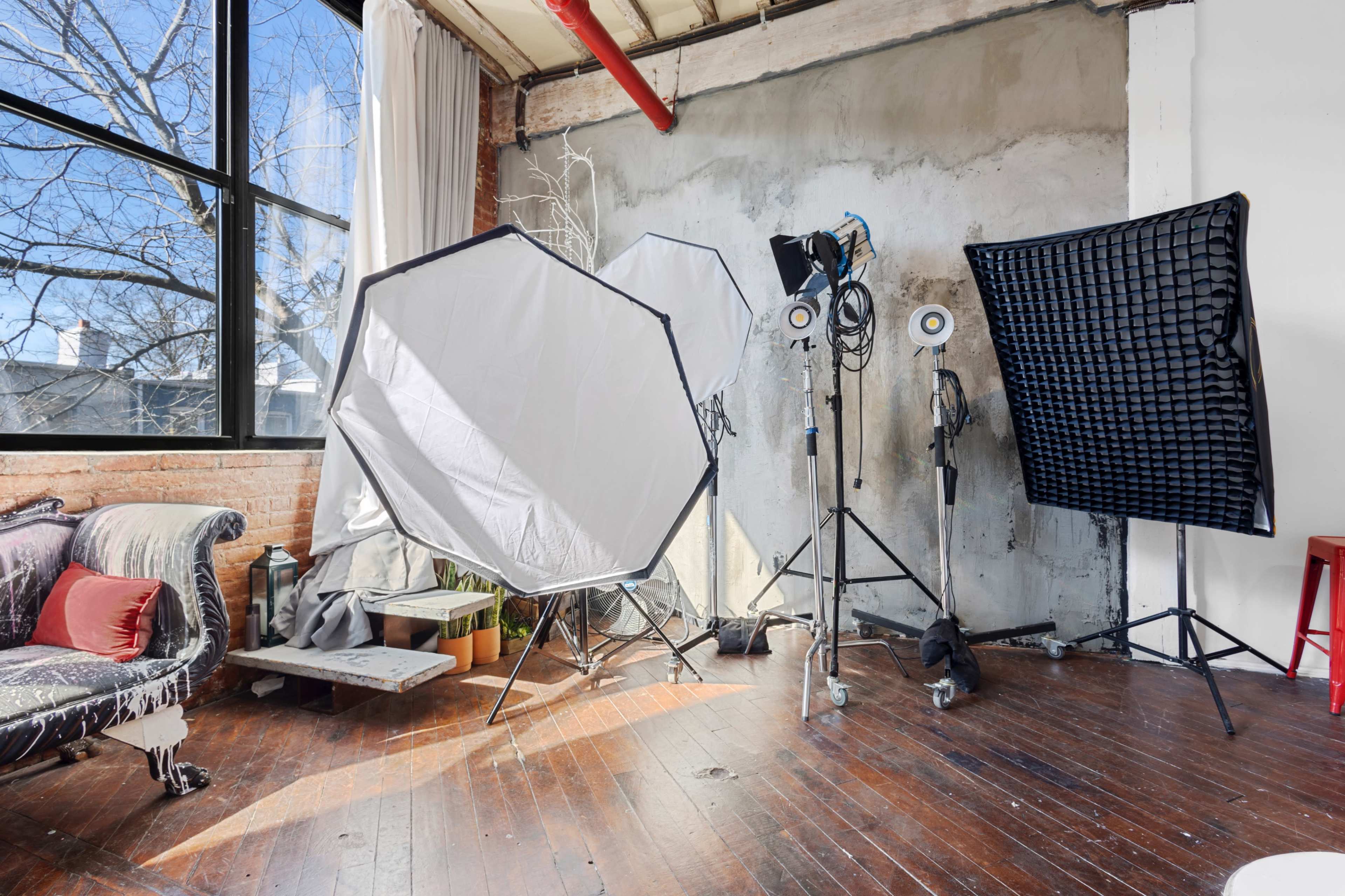 Photo and video studio rental. 750 sq ft space with 12' ceilings located on the edge of a vibrant area of Brooklyn, Industry City. Multiple stages & cyc wall. Equipment & props are included. Image in Sunset Park, Brooklyn, NY