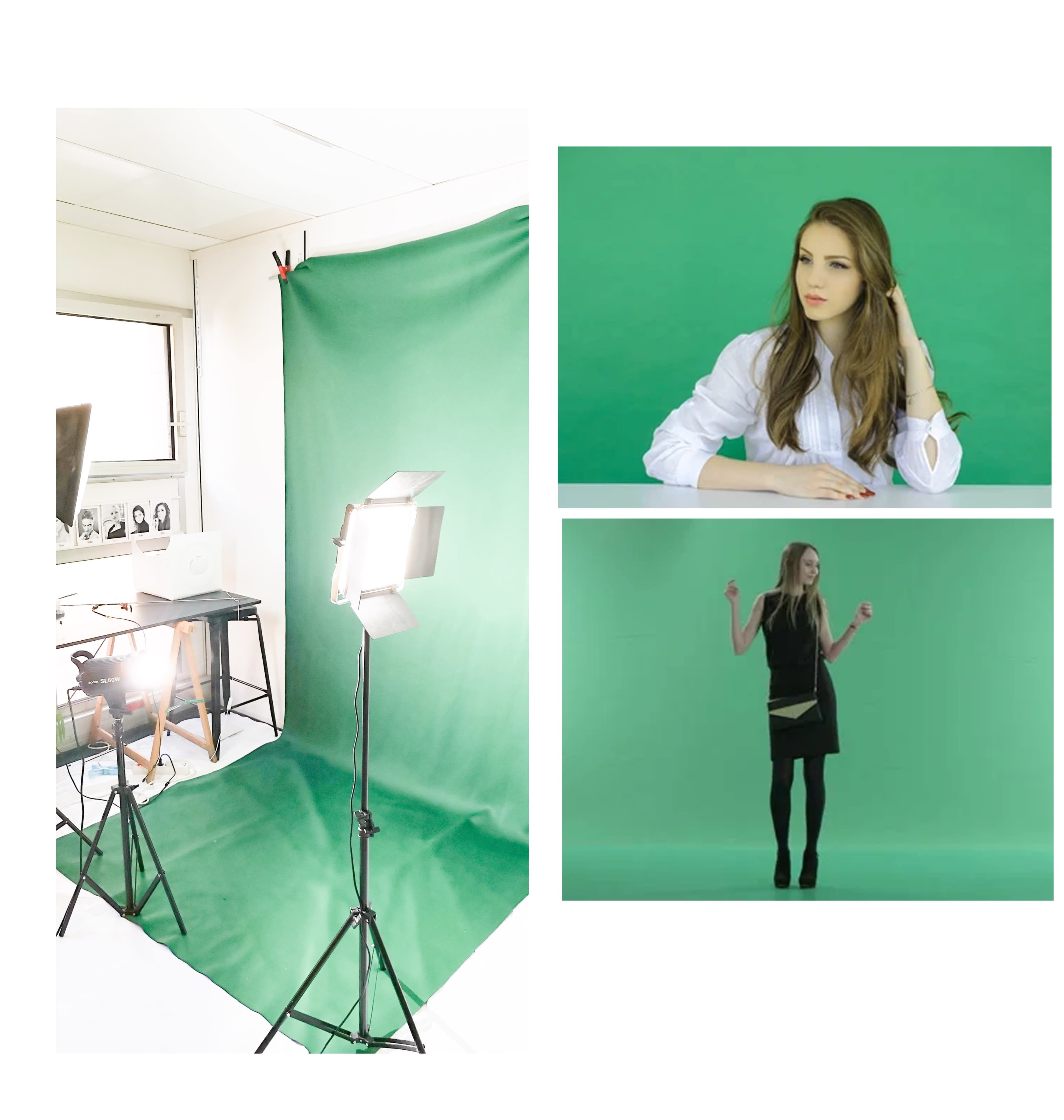 A green screen setup in a studio, featuring softbox lights and a model posing in two different outfits.