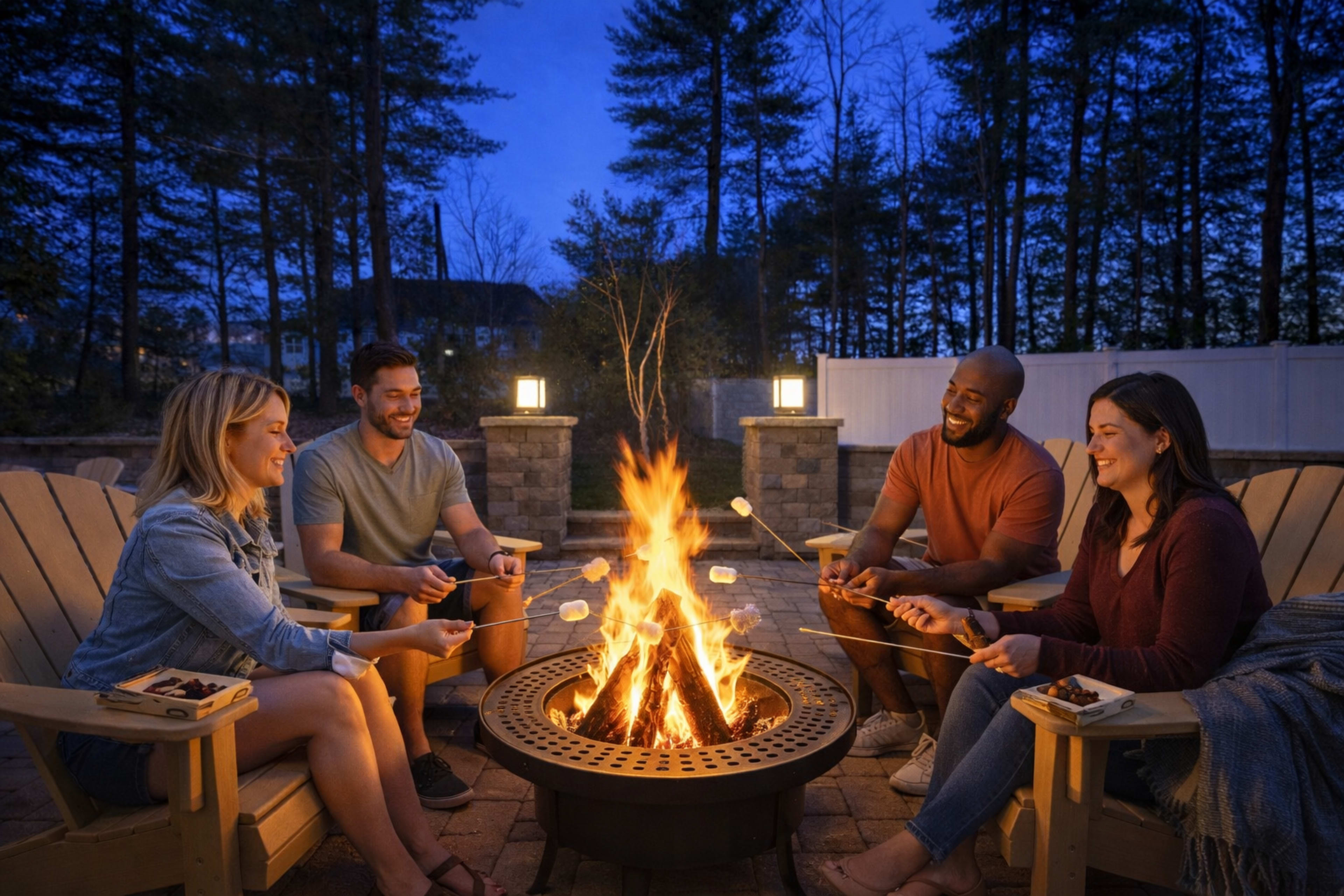 Four people are sitting around a fire pit at dusk, roasting marshmallows while surrounded by trees.