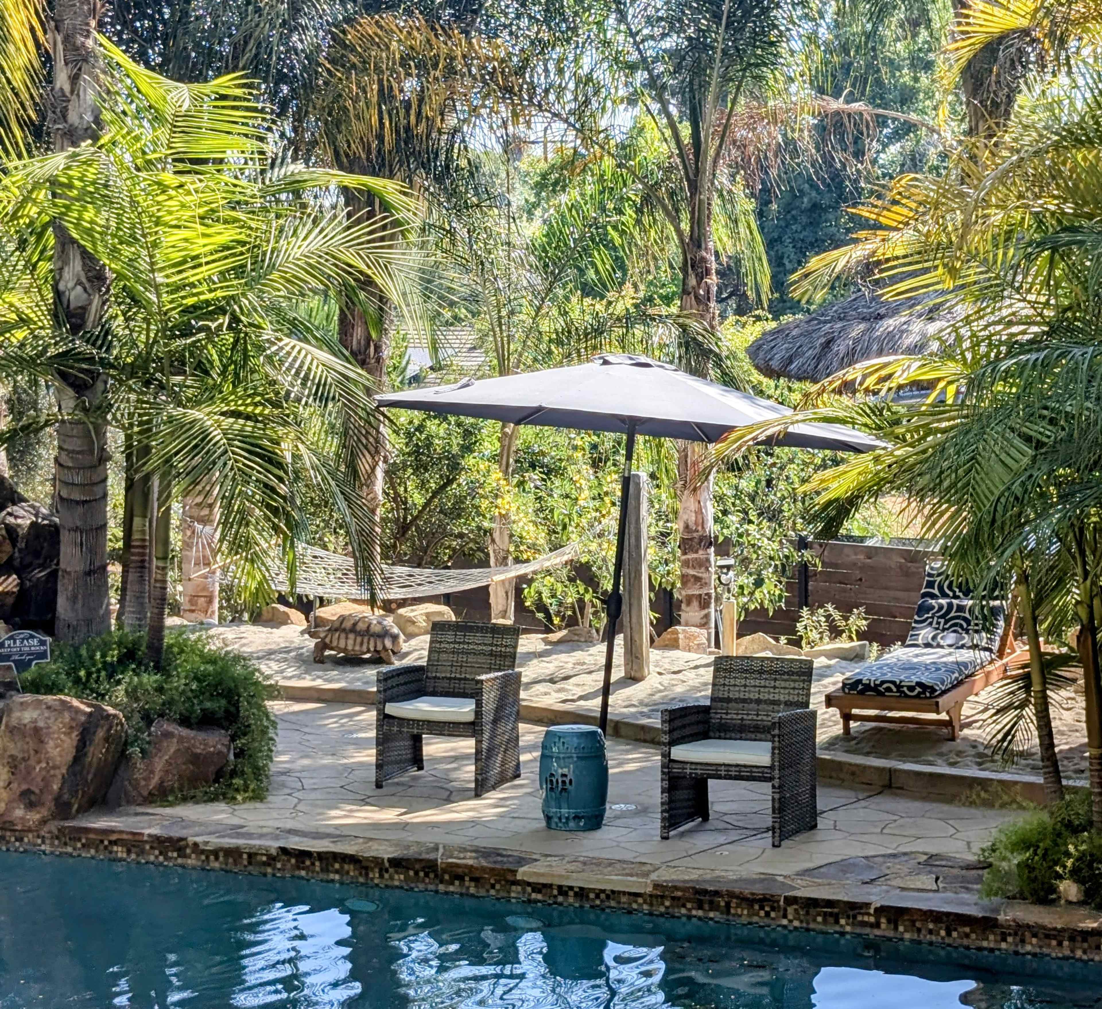 A pool area features two wicker chairs with white cushions, surrounded by palm trees and a large umbrella, beside a stone patio and a blue decorative stool.
