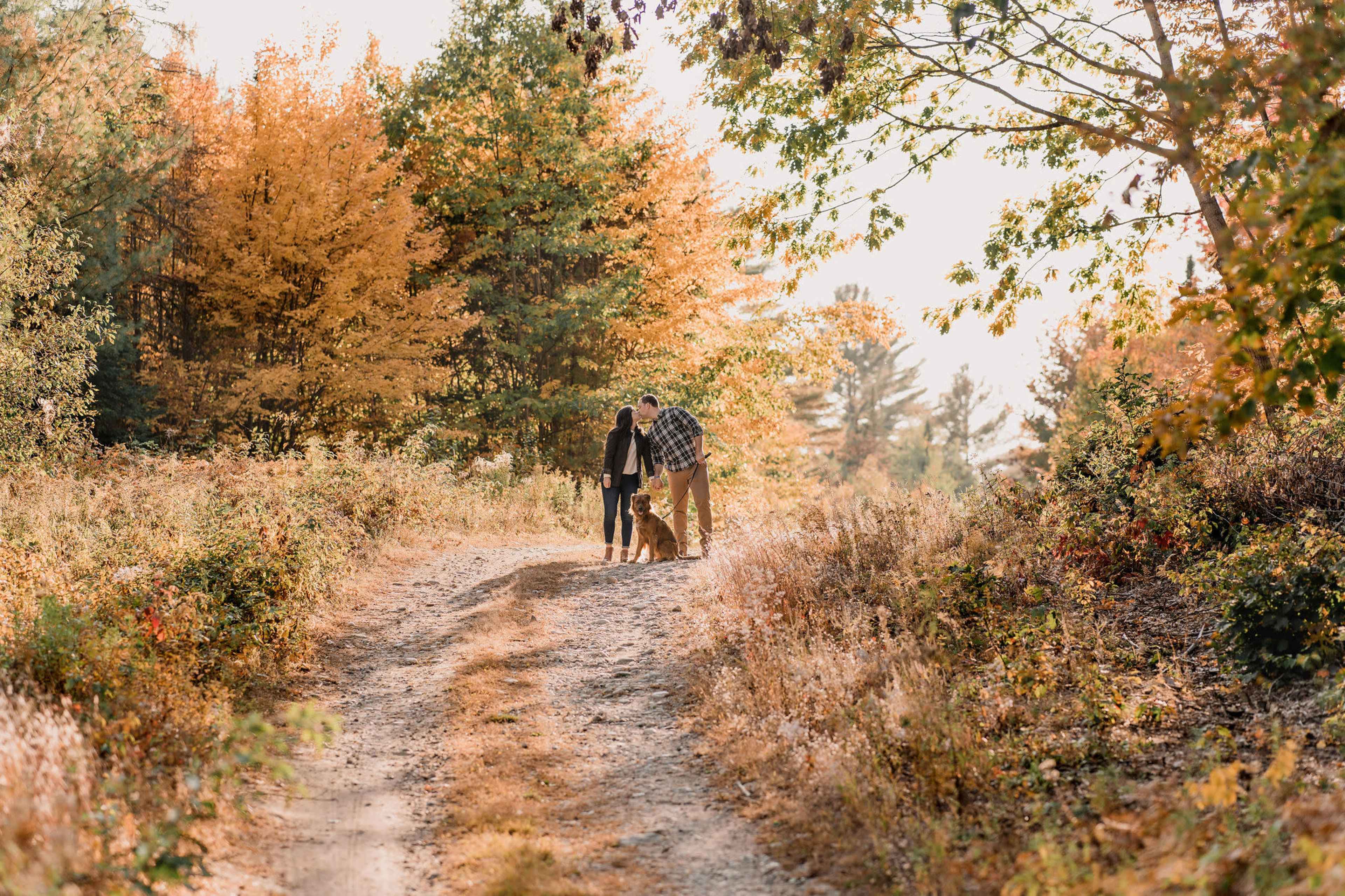 Two people walk a dog along a dirt path surrounded by autumn foliage.