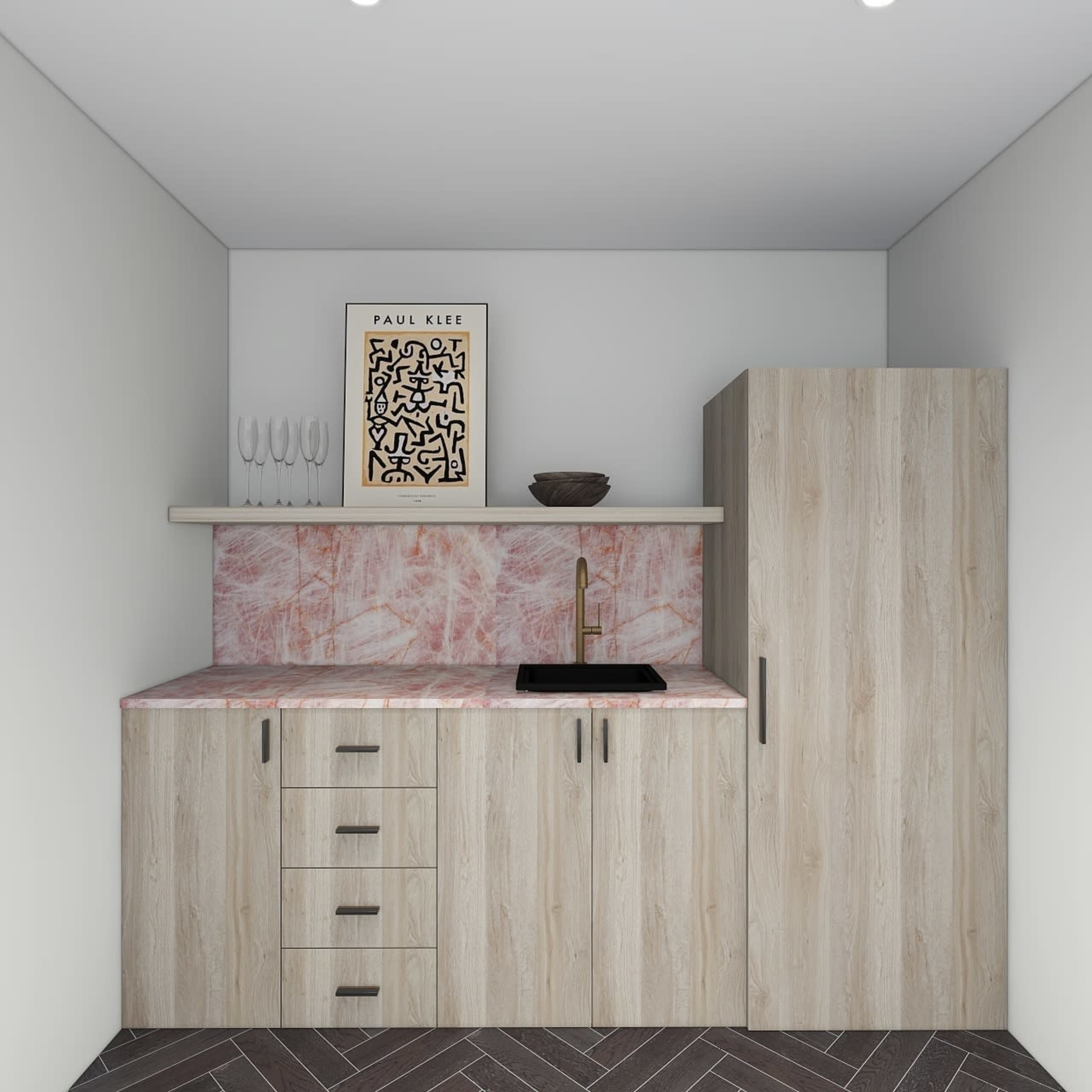 A modern kitchenette featuring wood cabinetry, a pink marble countertop, a sink, and a refrigerator.