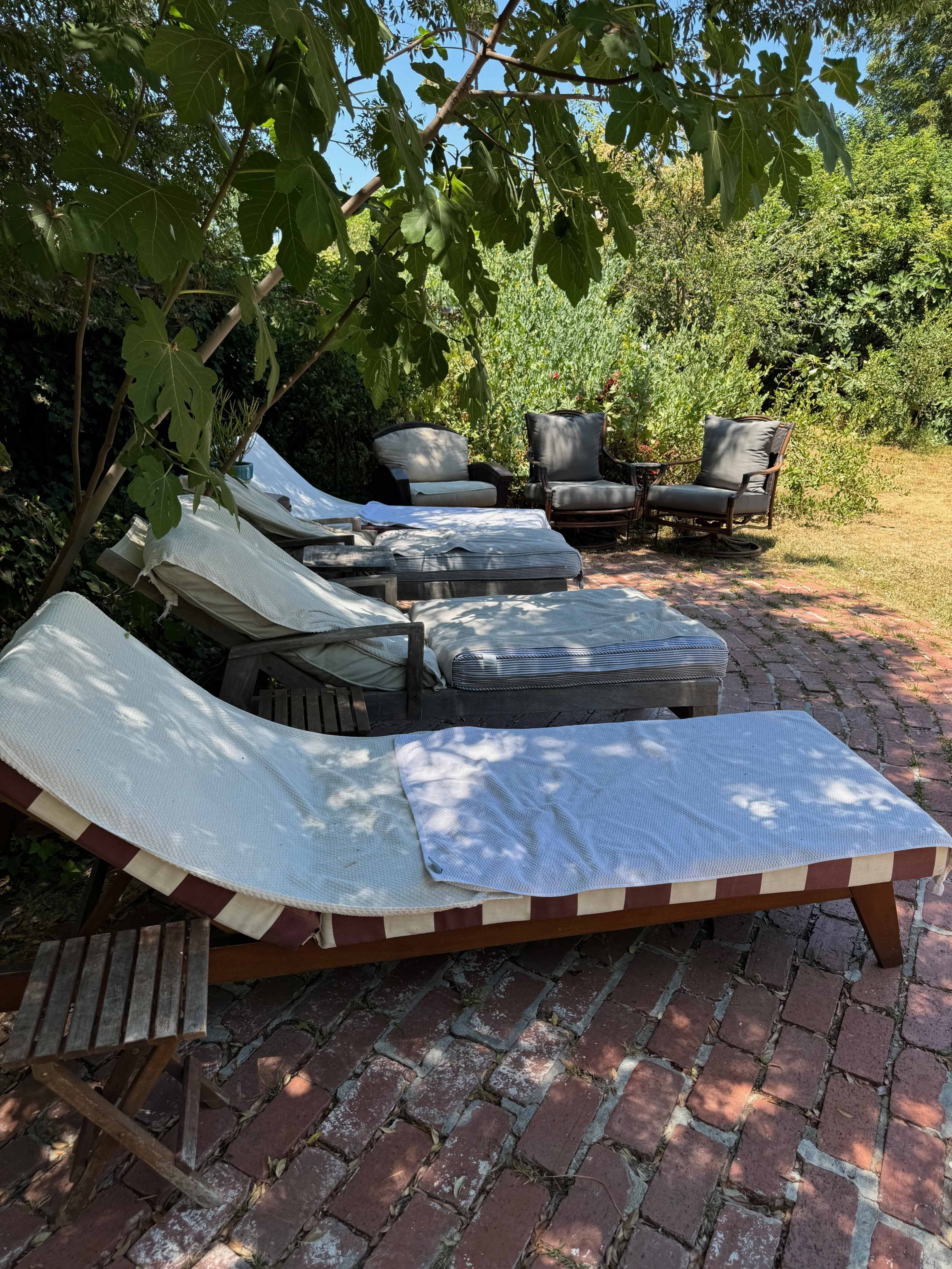 A row of lounge chairs and seating arranged on a brick patio under the shade of trees.