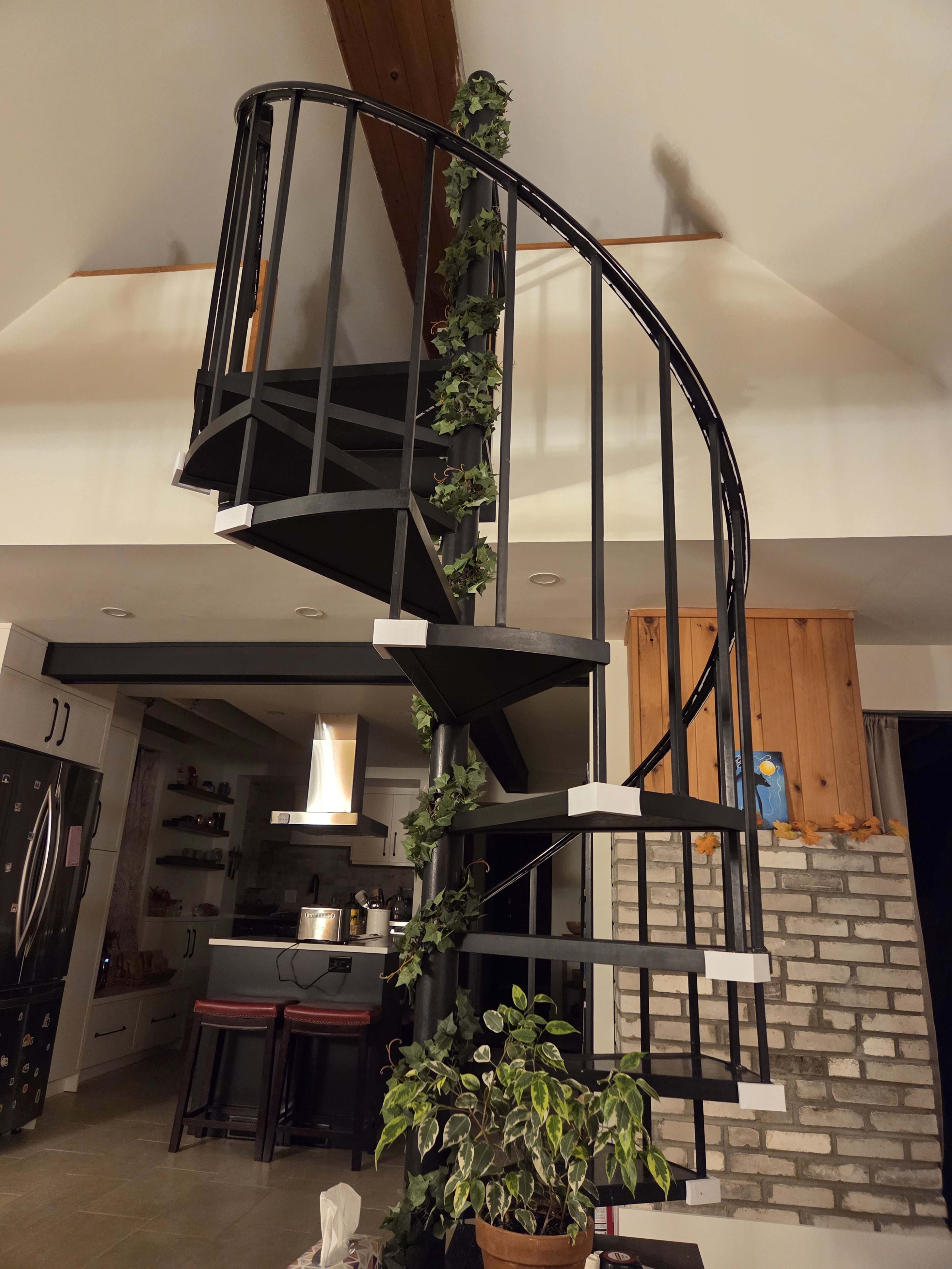 The image shows a spiral staircase with black steps and a metal railing, surrounded by decorative plants, leading to a level above in a modern interior space.
