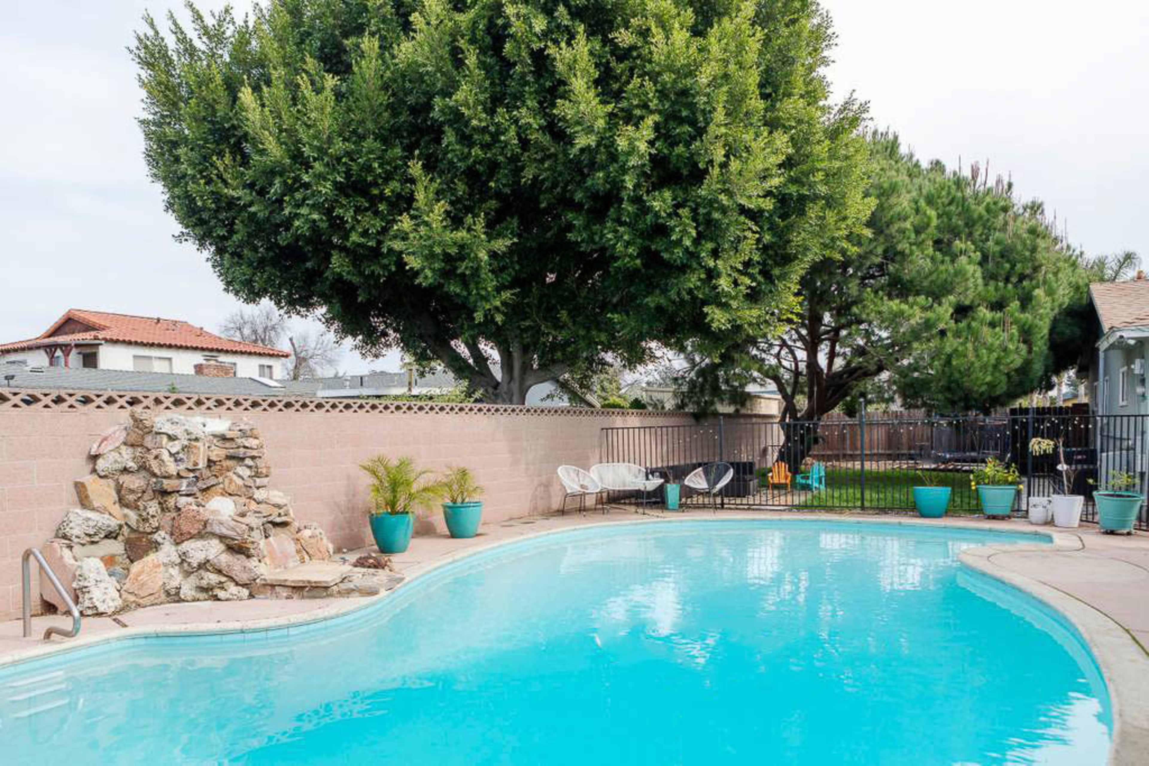 A clear swimming pool surrounded by potted plants and a stone wall, with trees and a residential area in the background.