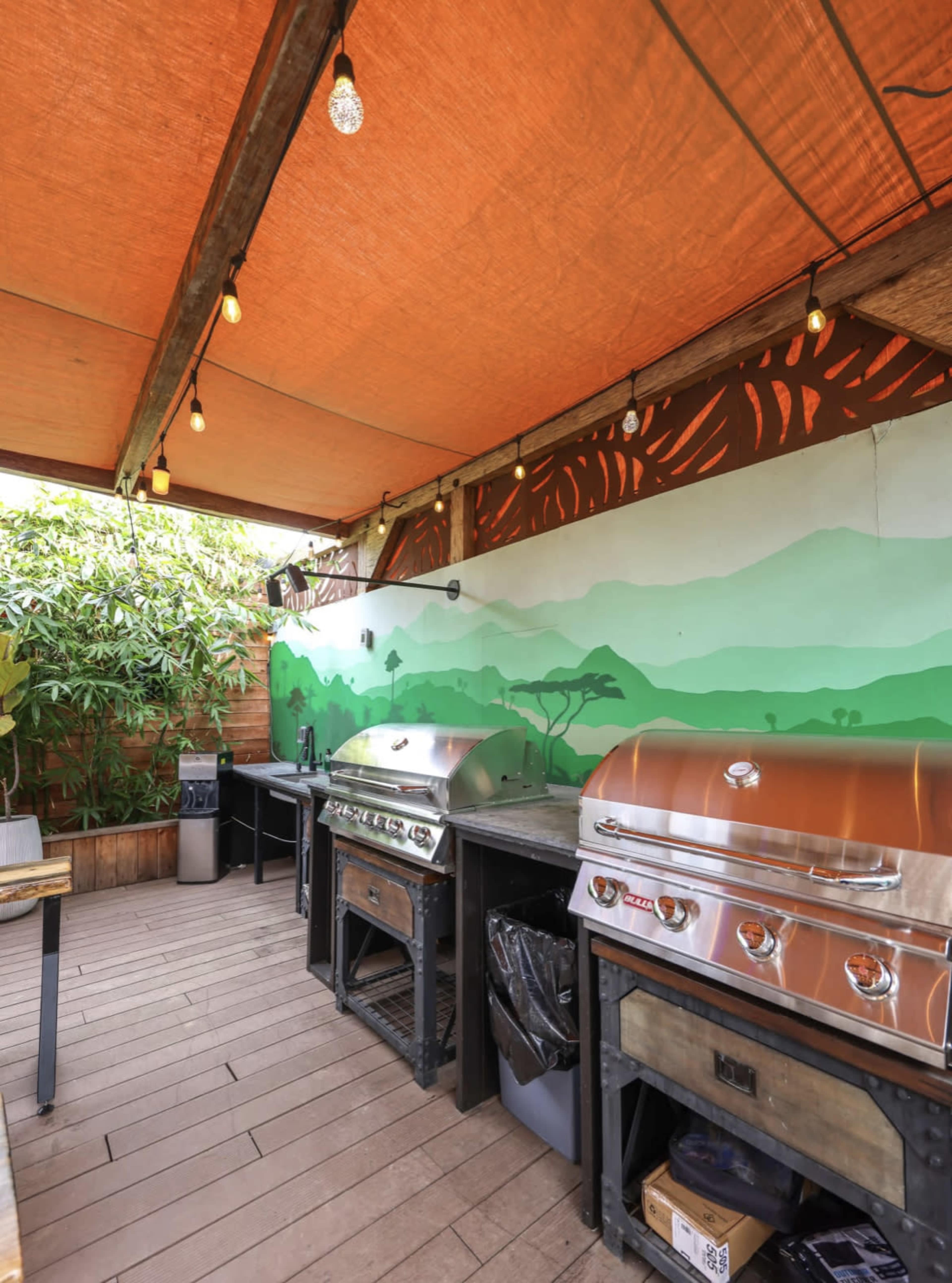 The image shows an outdoor grilling area featuring several stainless steel grills under an orange canopy, with a mural of green hills on the wall.