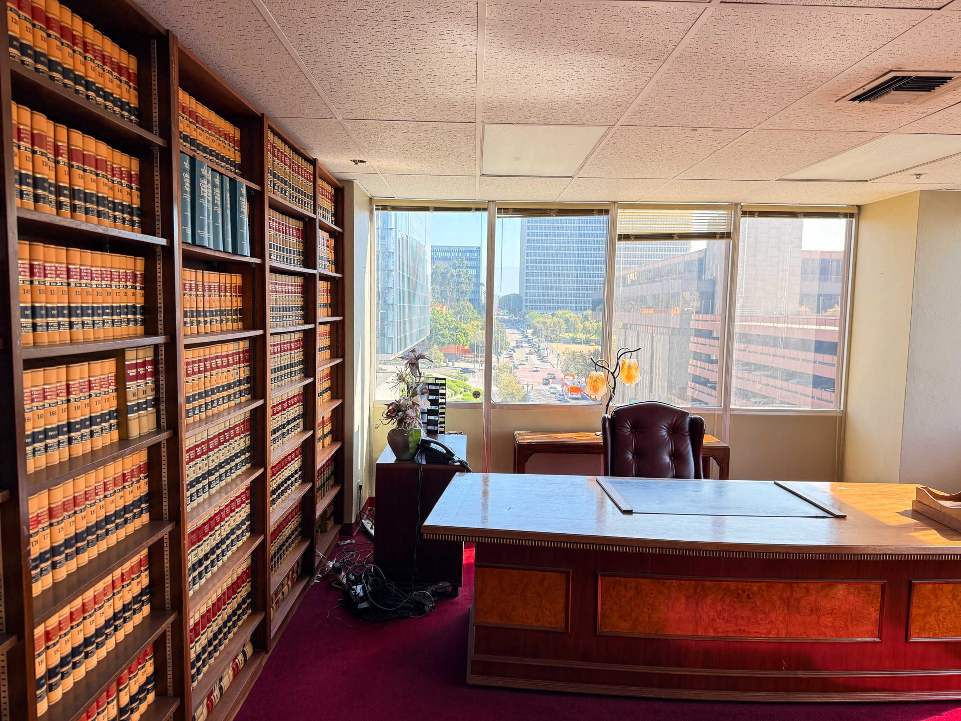 The image shows an office with a large wooden desk, a leather chair, and shelves filled with books, alongside a window that offers a view of a cityscape.