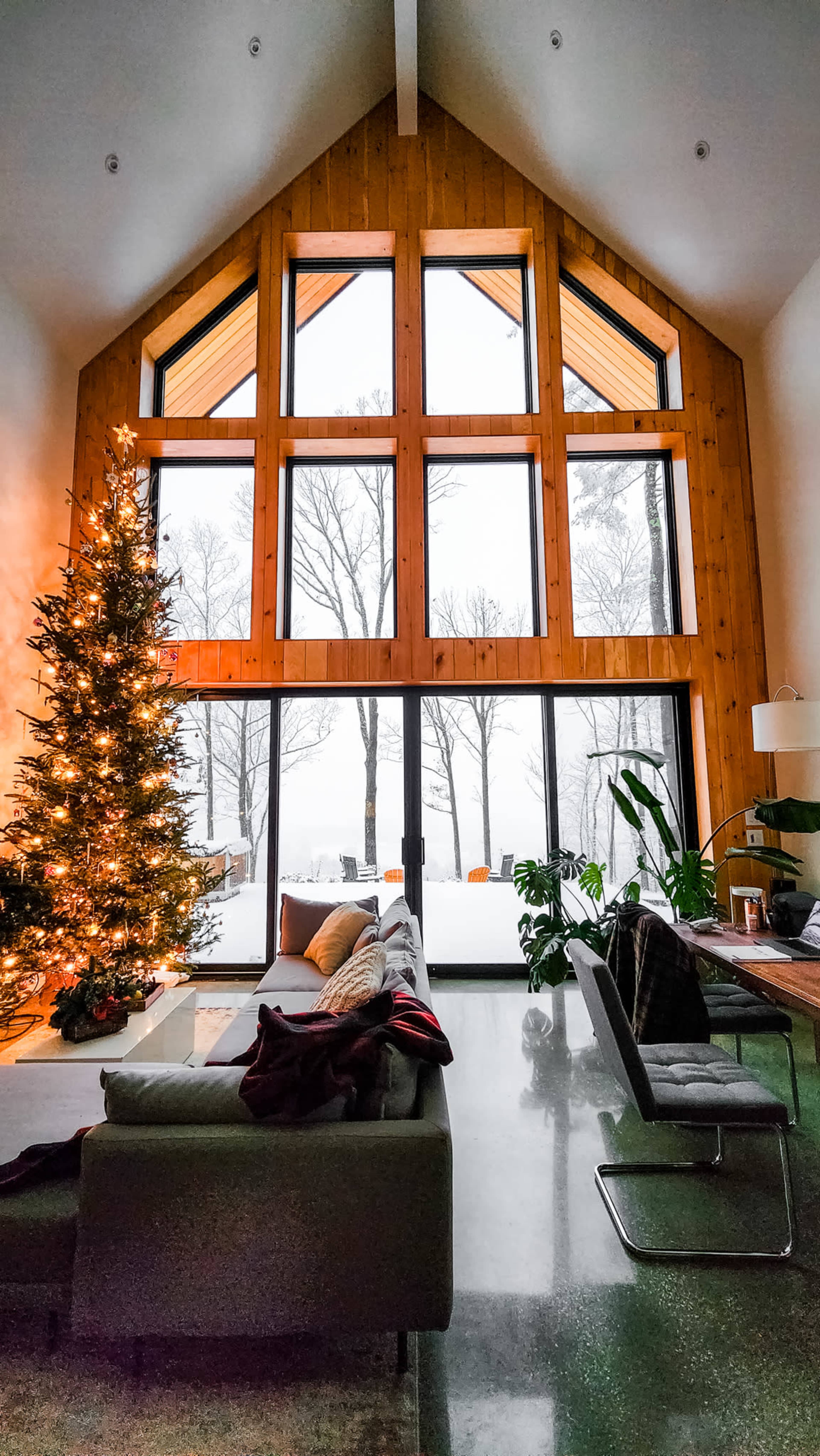 A cozy living room features a large Christmas tree with lights, a modern sofa, and large windows showing a snowy outdoor landscape.