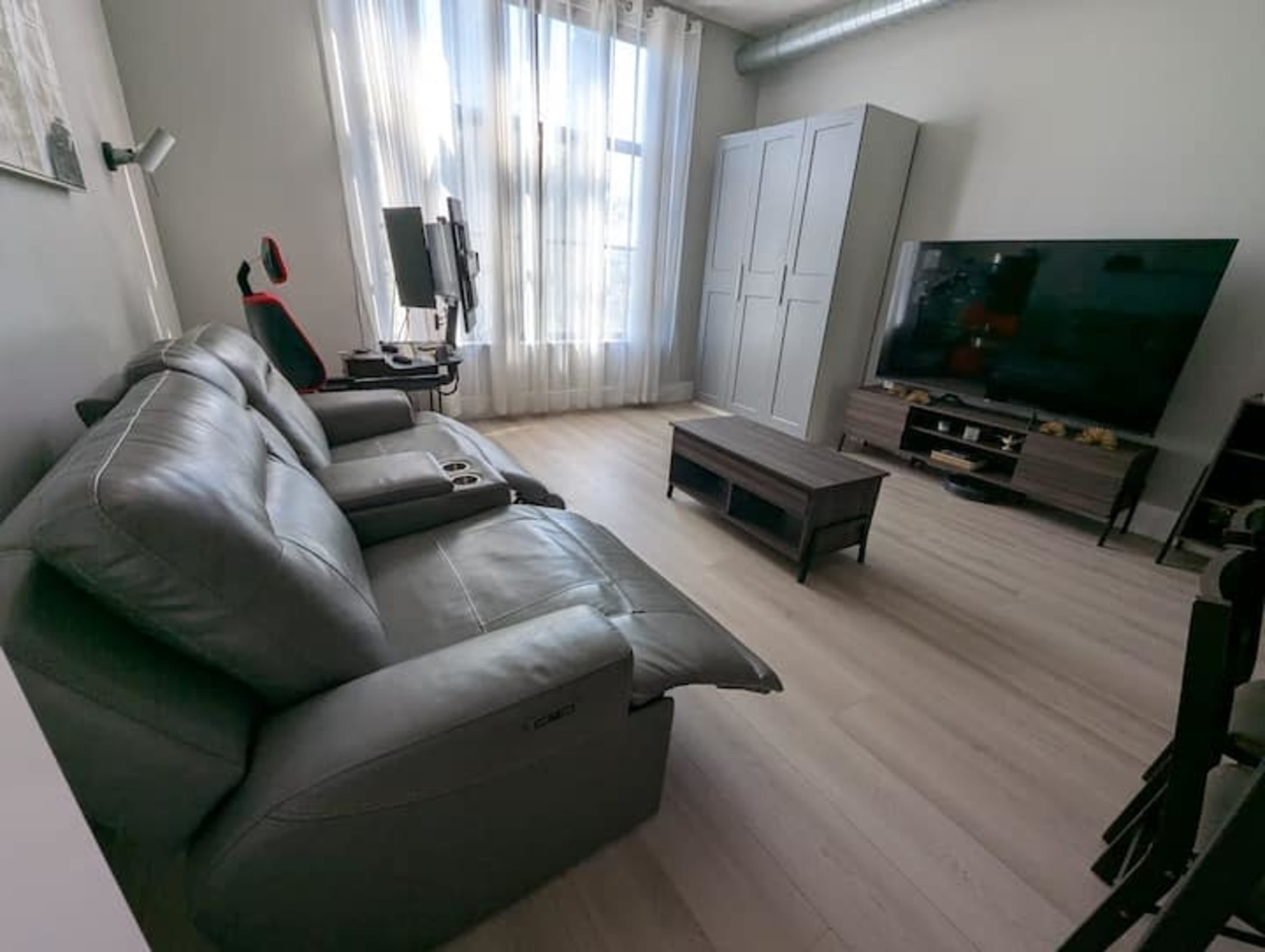 The image shows a modern living room with two gray leather sofas, a coffee table, and a large television cabinet, all illuminated by natural light through sheer curtains.