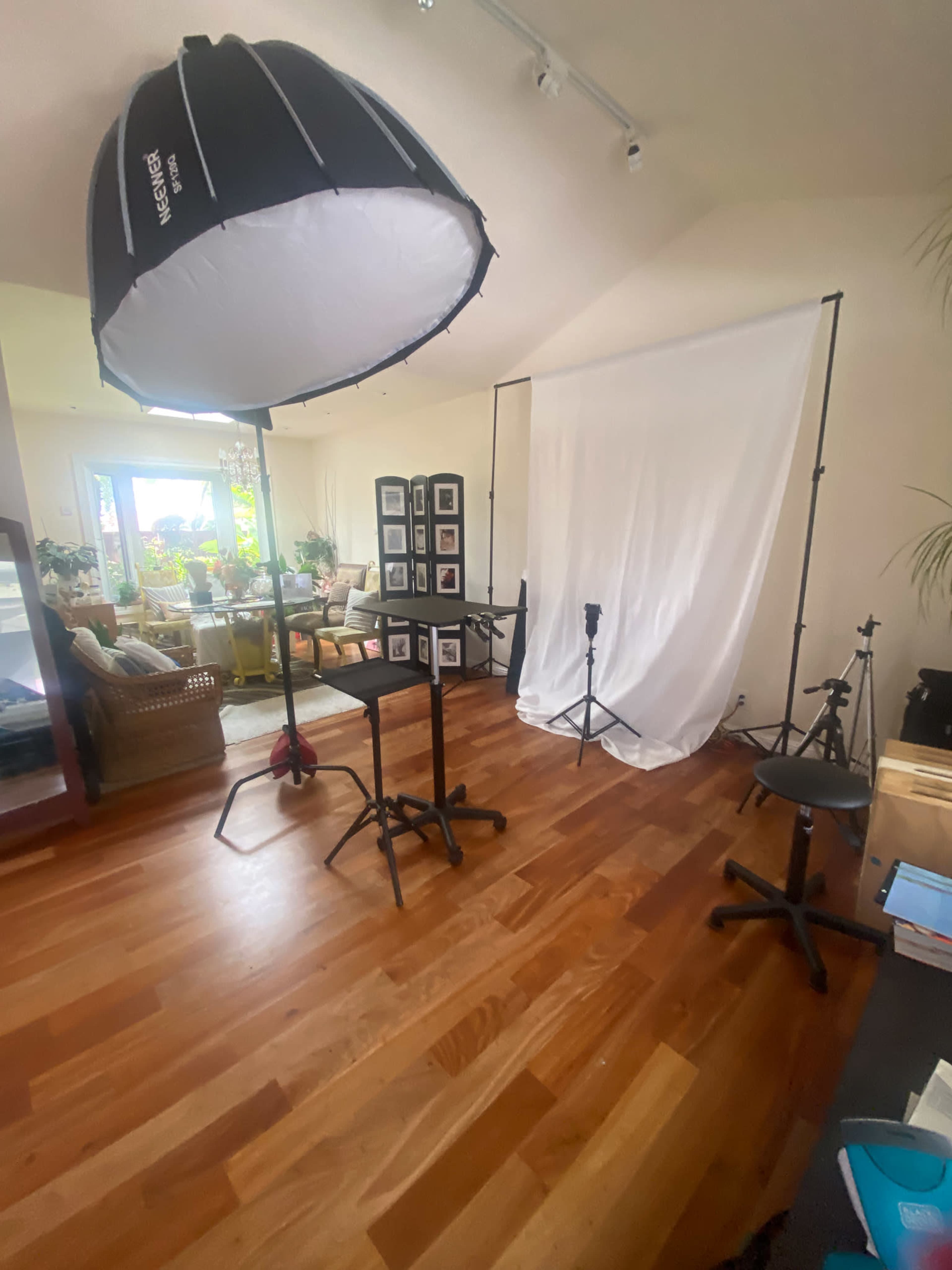 The image shows a photography studio setup with lighting equipment, a backdrop, and various stands arranged on wooden flooring.