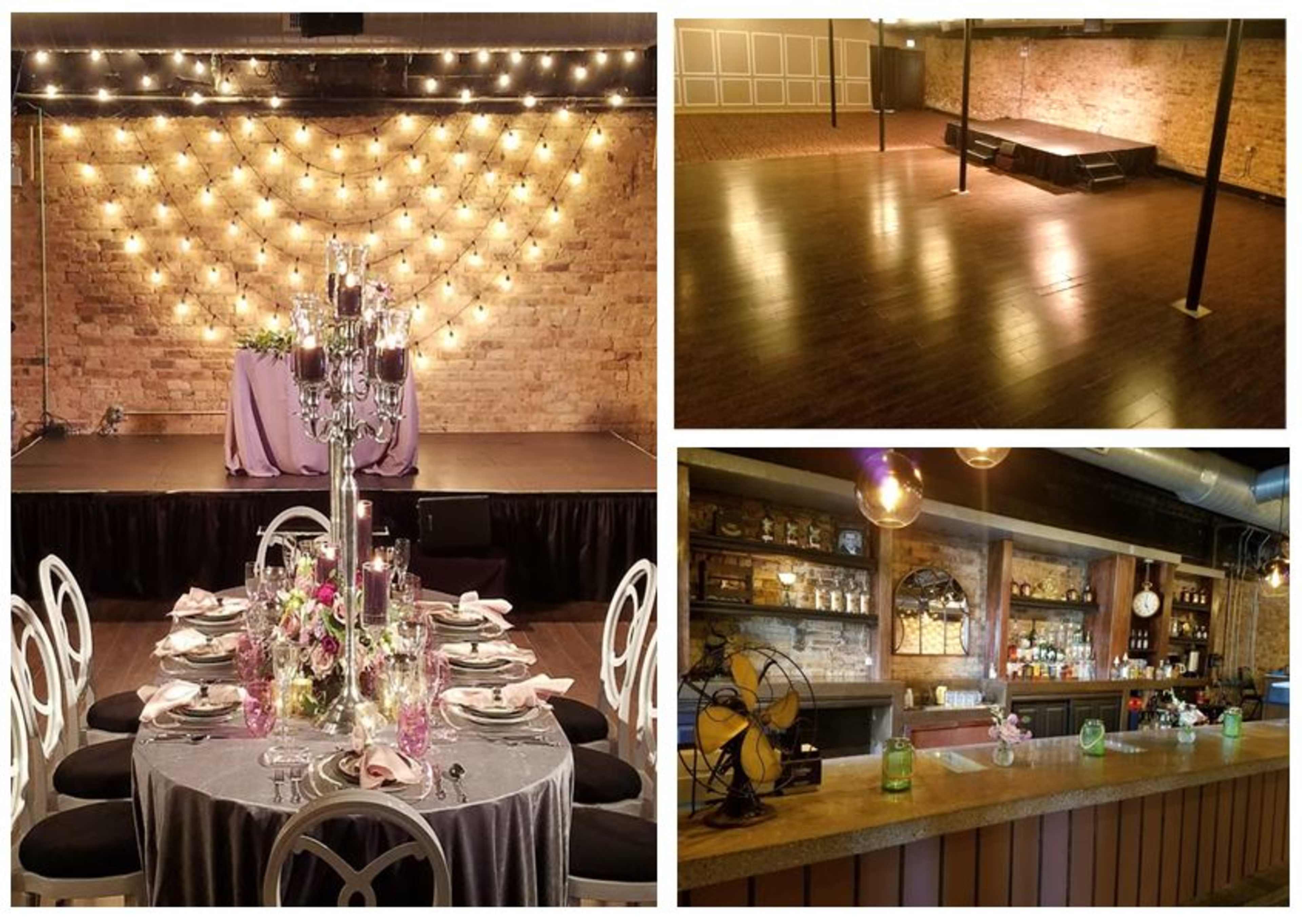 The image displays a venue featuring a decorated dining area with elegant table settings, a spacious dance floor with a stage, and a bar area with various bottles on display against a brick backdrop.