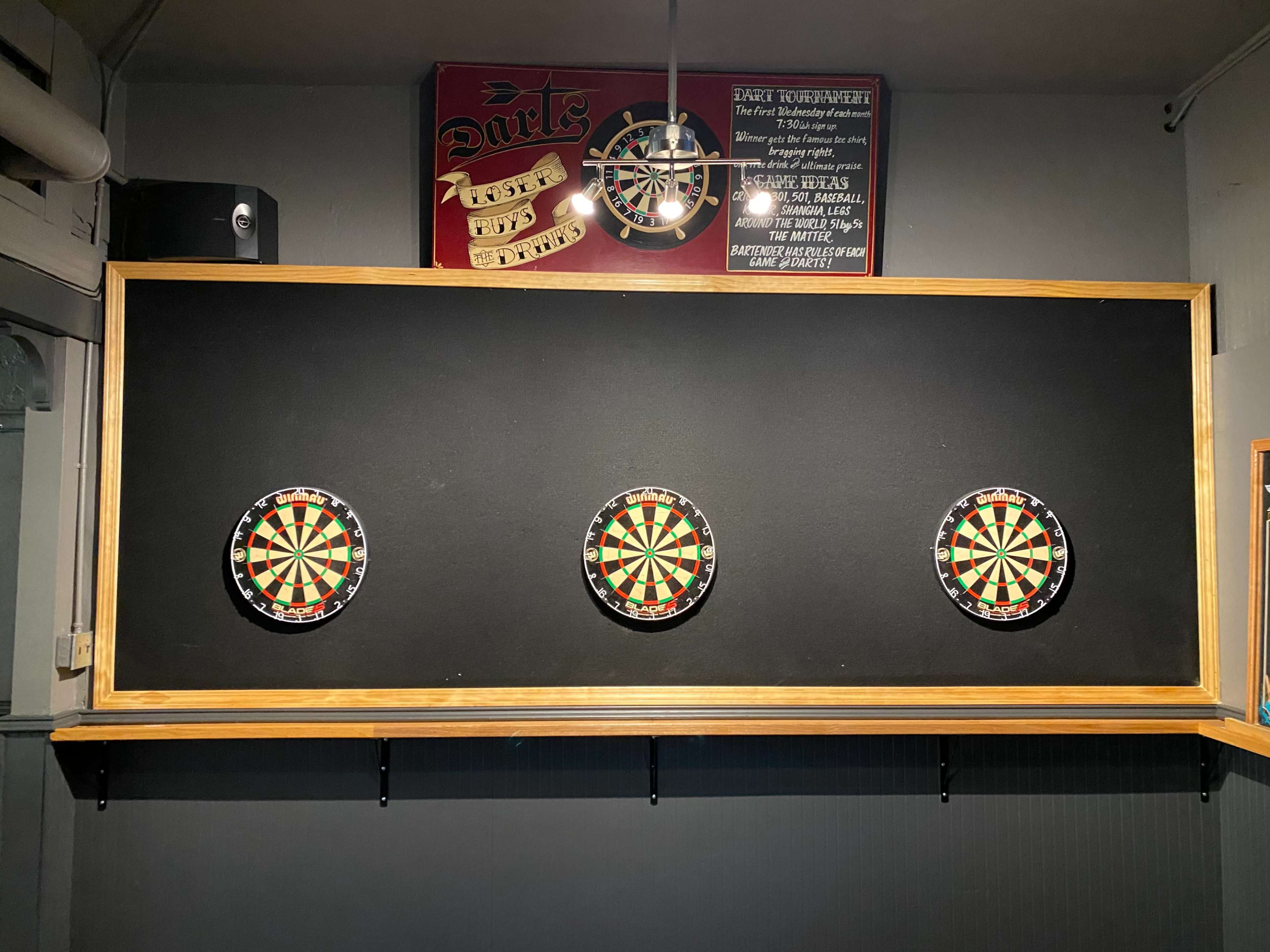 The image shows a wall featuring three dartboards mounted on a black backdrop, with a decorative sign above them.