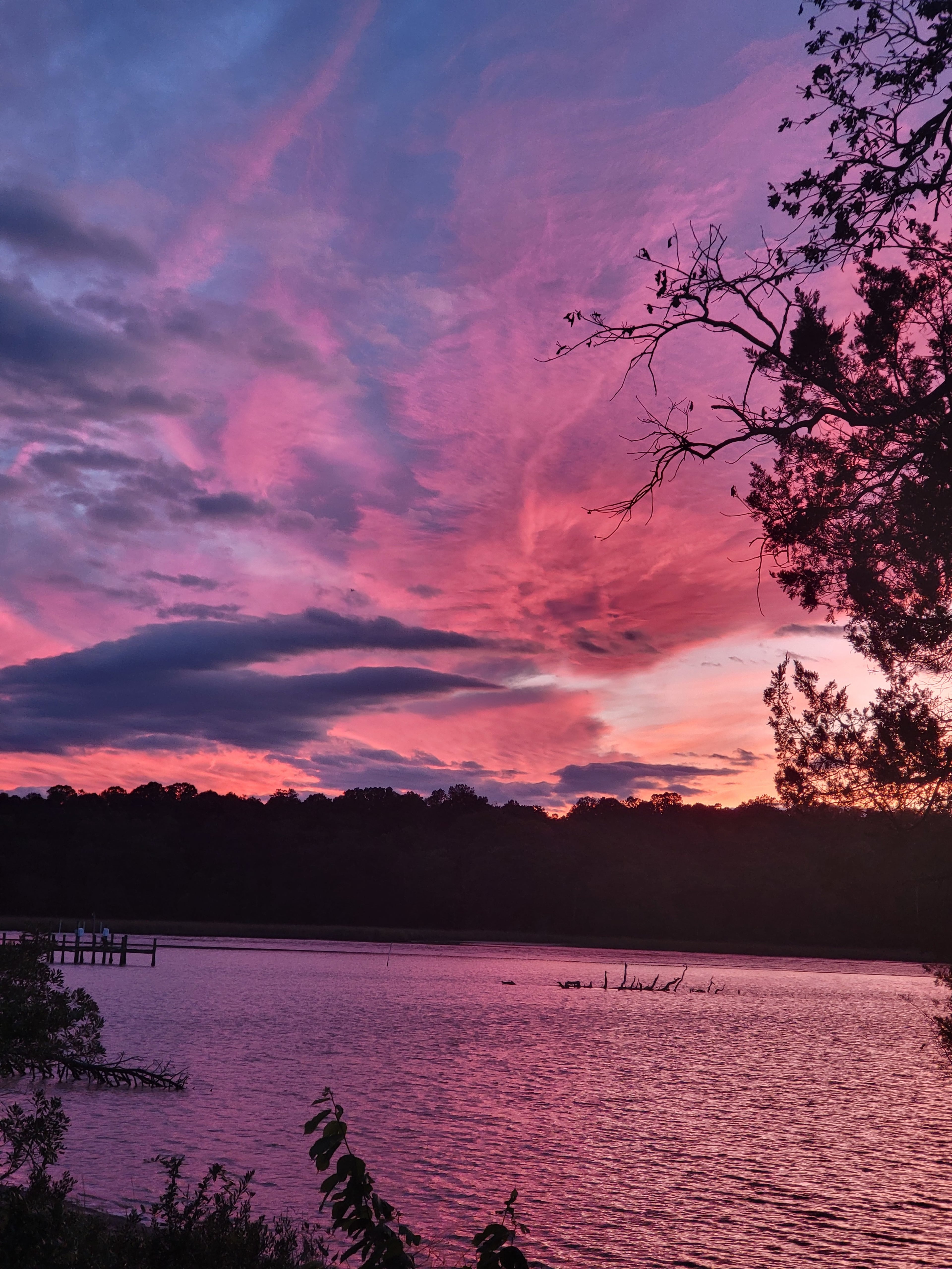 The sky is filled with vibrant pink and purple clouds above a calm lake at sunset, with silhouettes of trees framing the scene.