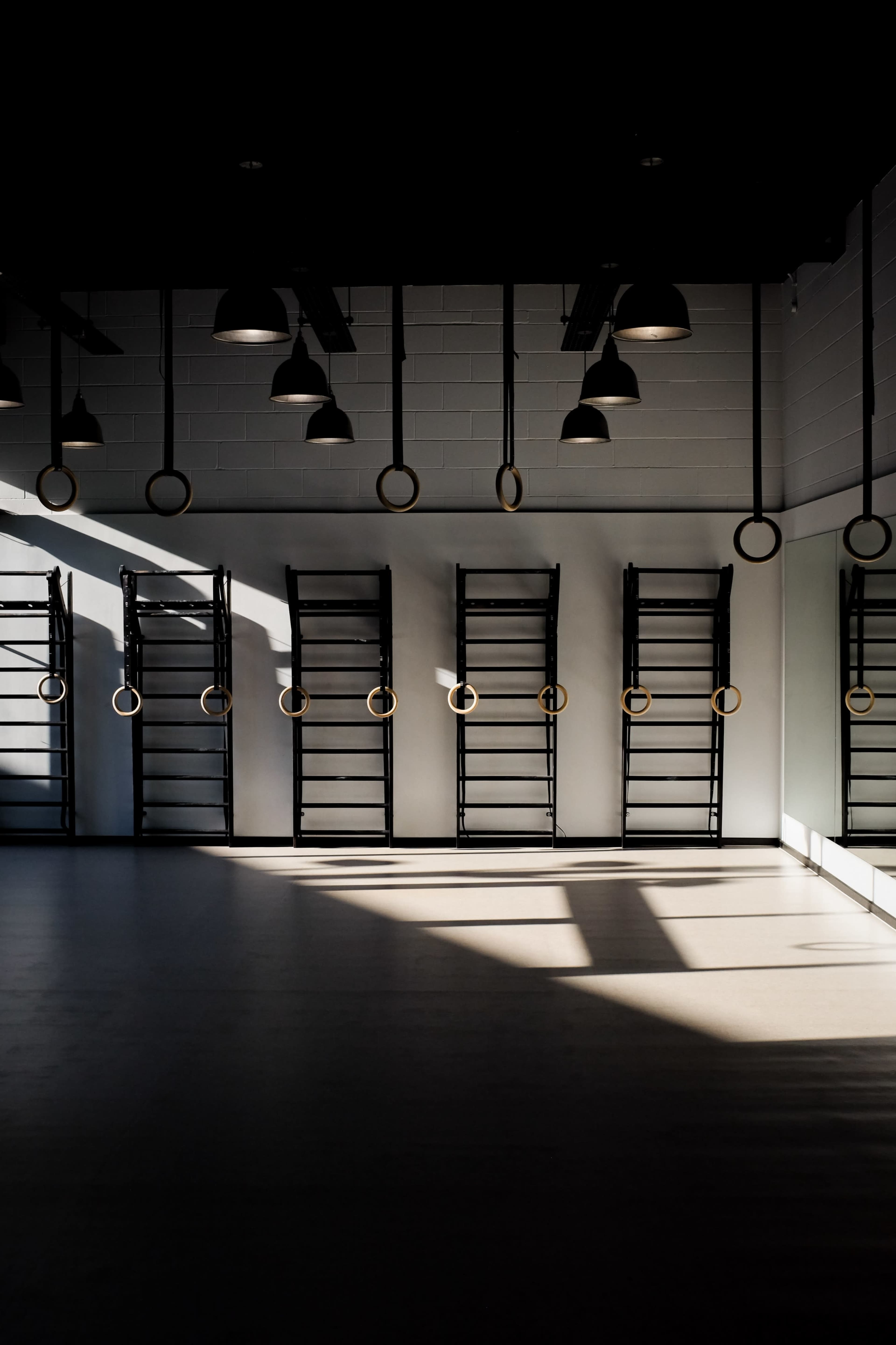 A dimly lit gymnasium with wooden rings hanging from the ceiling and empty black racks against the wall.