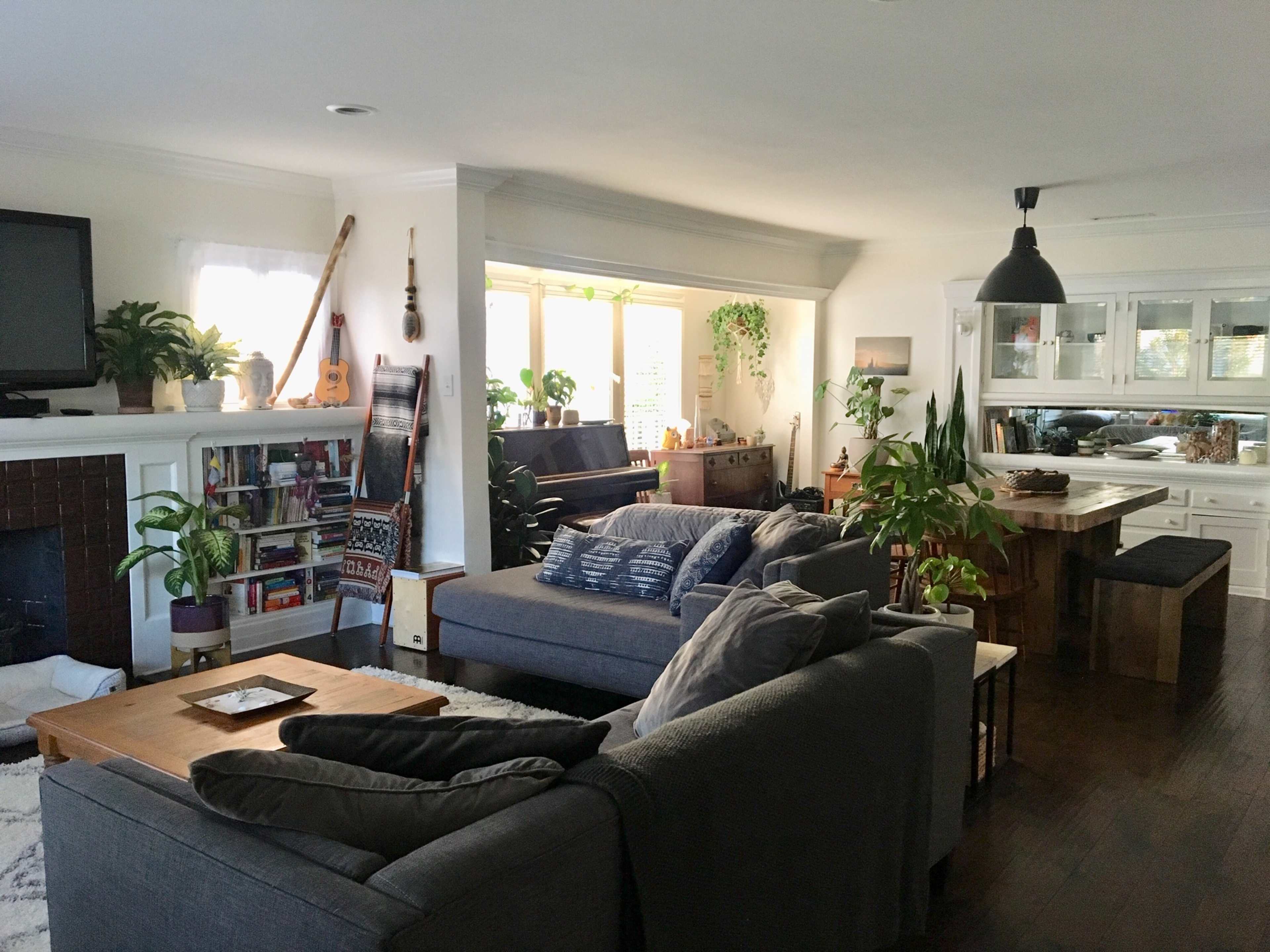 The image shows a bright living room with two gray sofas, a wooden coffee table, houseplants, and a connected dining area with a large table and shelves.