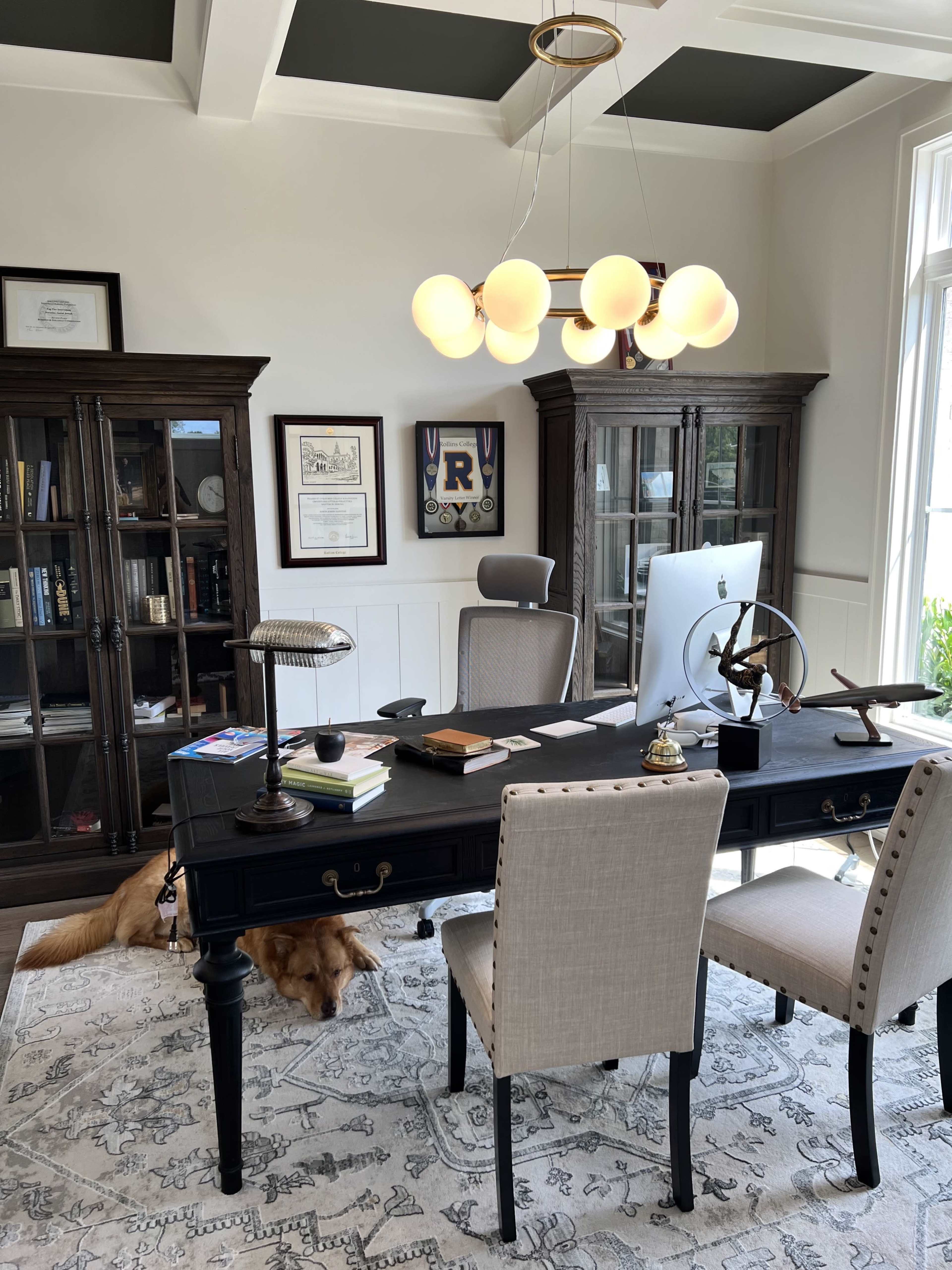 A home office with a dark wooden desk, two beige upholstered chairs, a computer, a lamp, and a golden retriever lying on the rug beneath the desk.