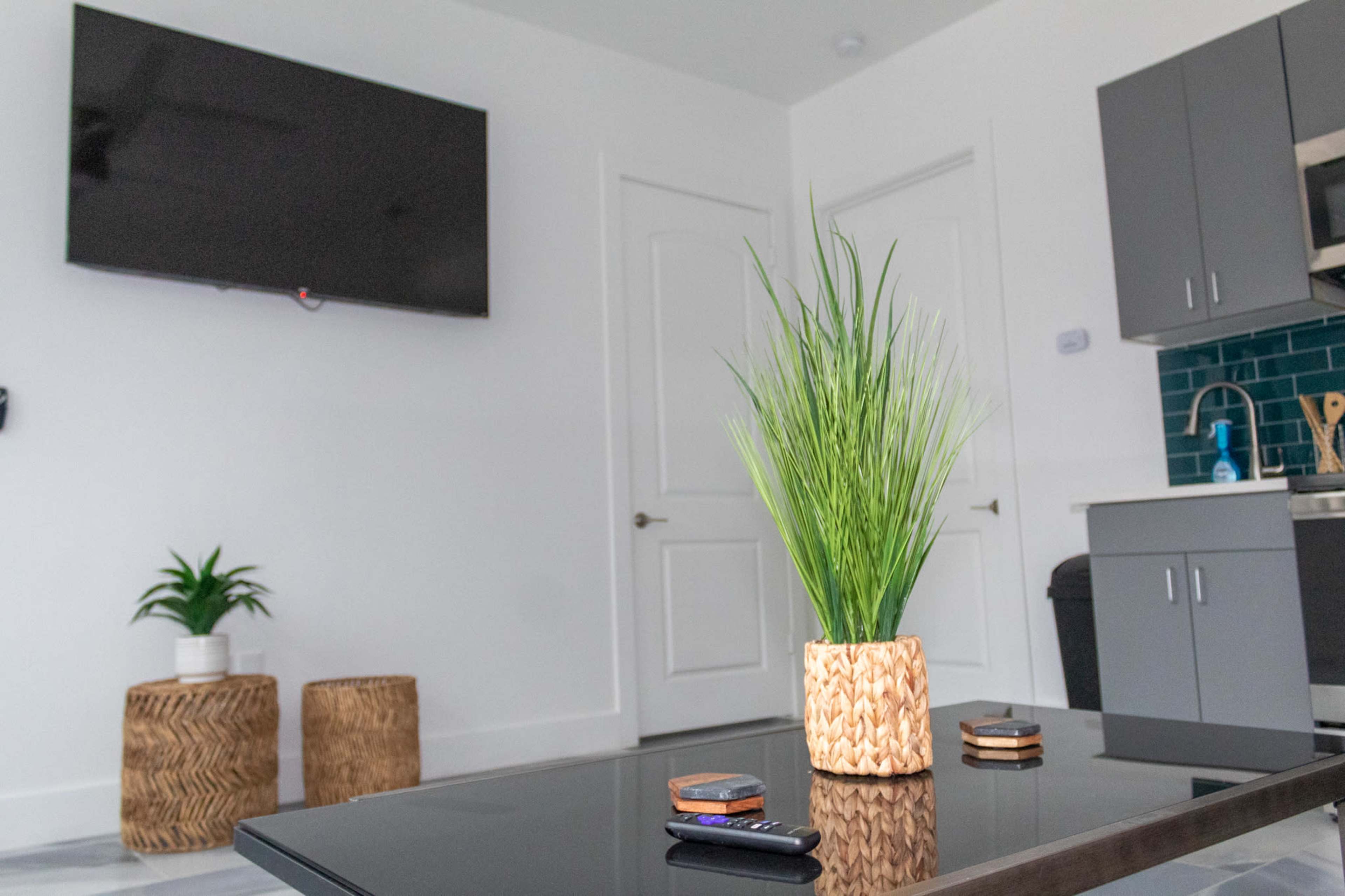 A coffee table with a decorative plant sits in a modern living room featuring a mounted television and a kitchenette.