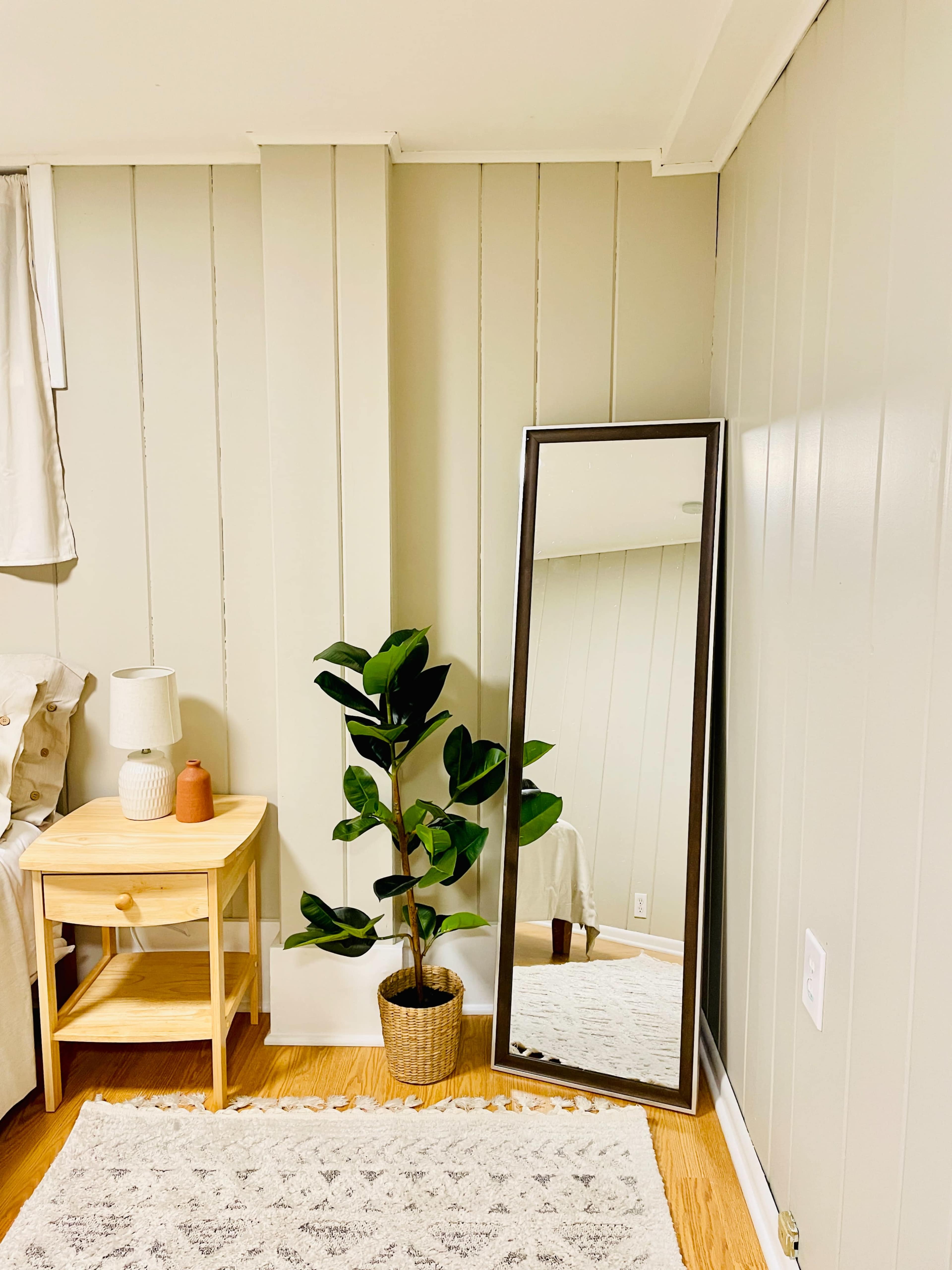 The image shows a cozy room featuring a large mirror against a wall, a potted plant beside it, a small wooden side table with a lamp, and a textured rug on the floor.
