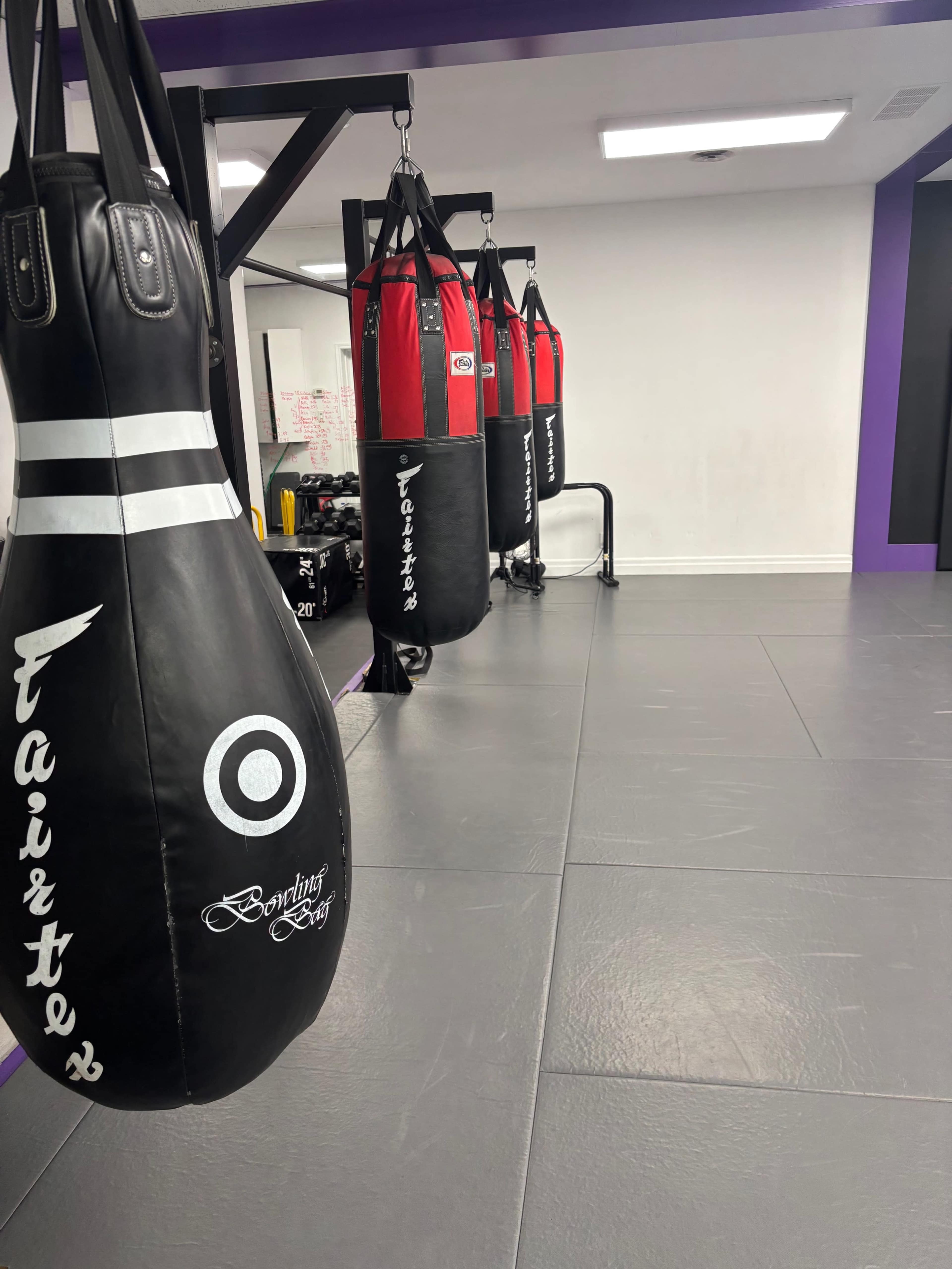 The image shows a workout space with several hanging punching bags against a wall, highlighted by a clean, gray floor.