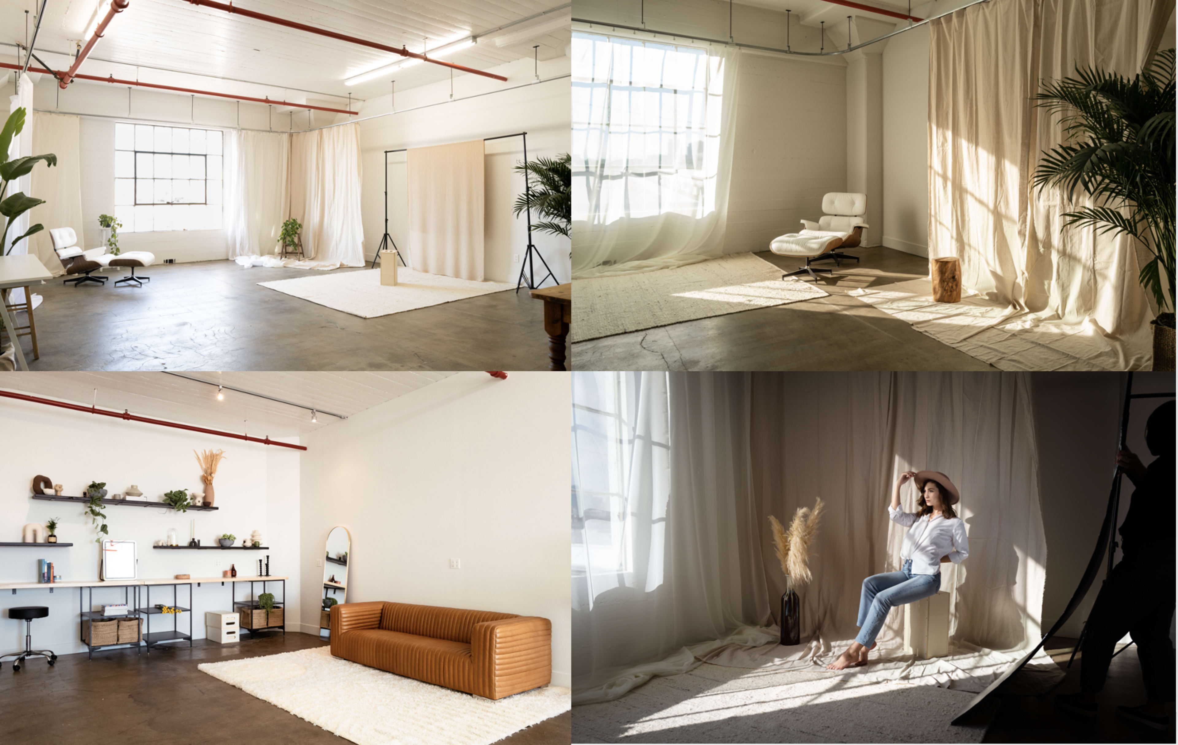 A bright, spacious studio with various setups featuring light curtains, plants, furniture, and a modern aesthetic.