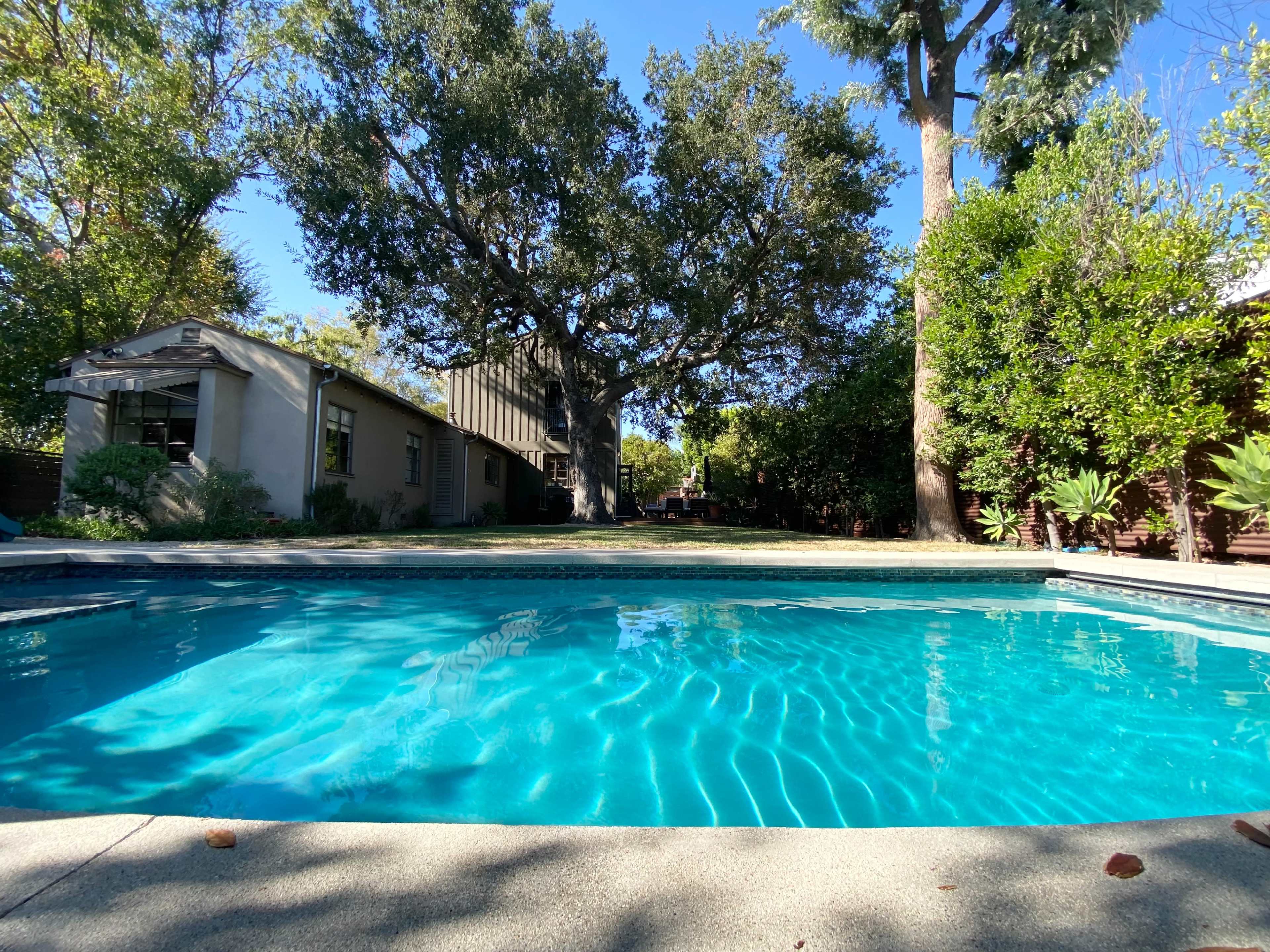 The image shows a clear blue swimming pool surrounded by a garden with trees and a house in the background.