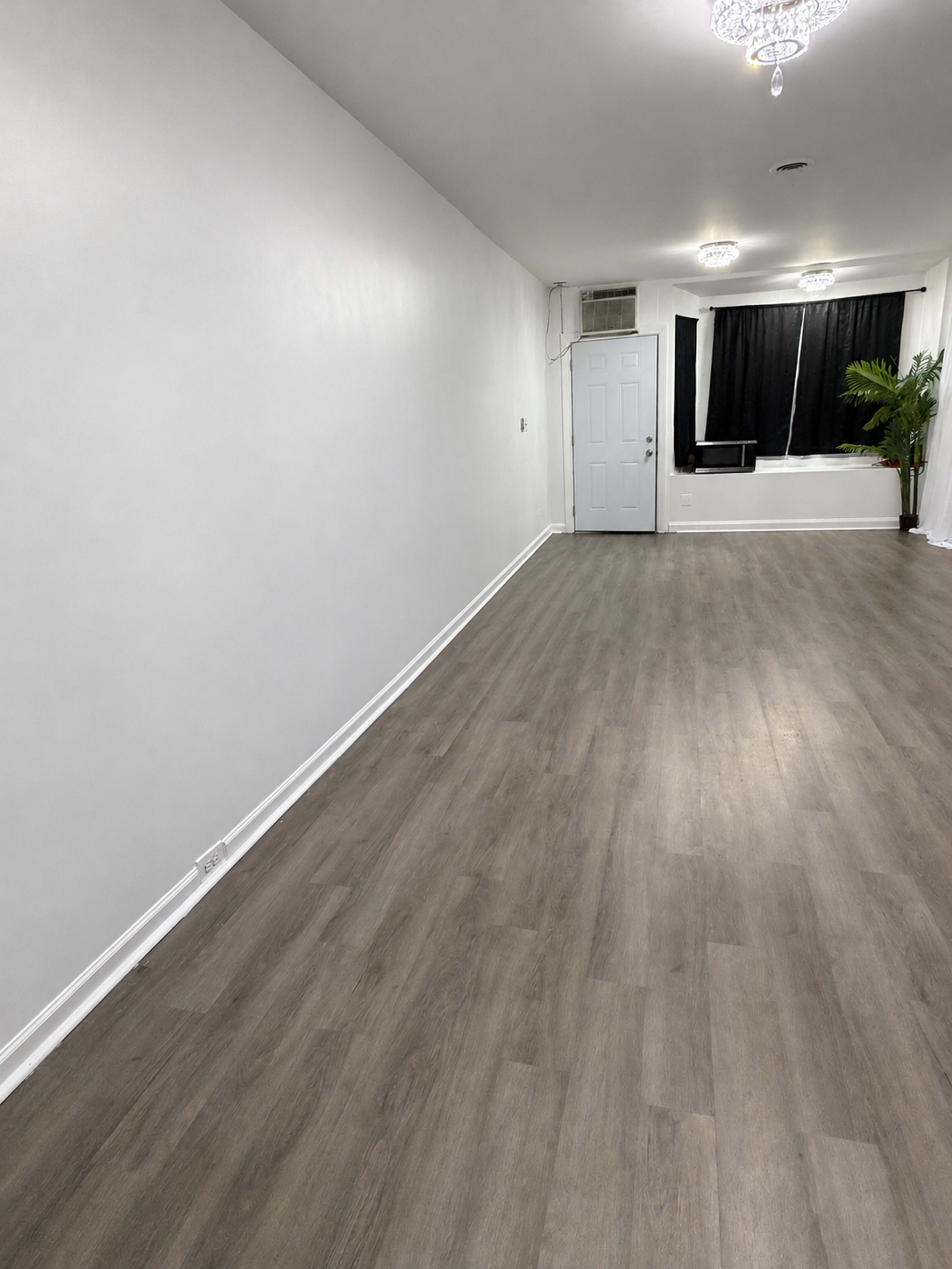 The image shows a spacious, empty room with a wooden floor, white walls, and a large window featuring a plant nearby.