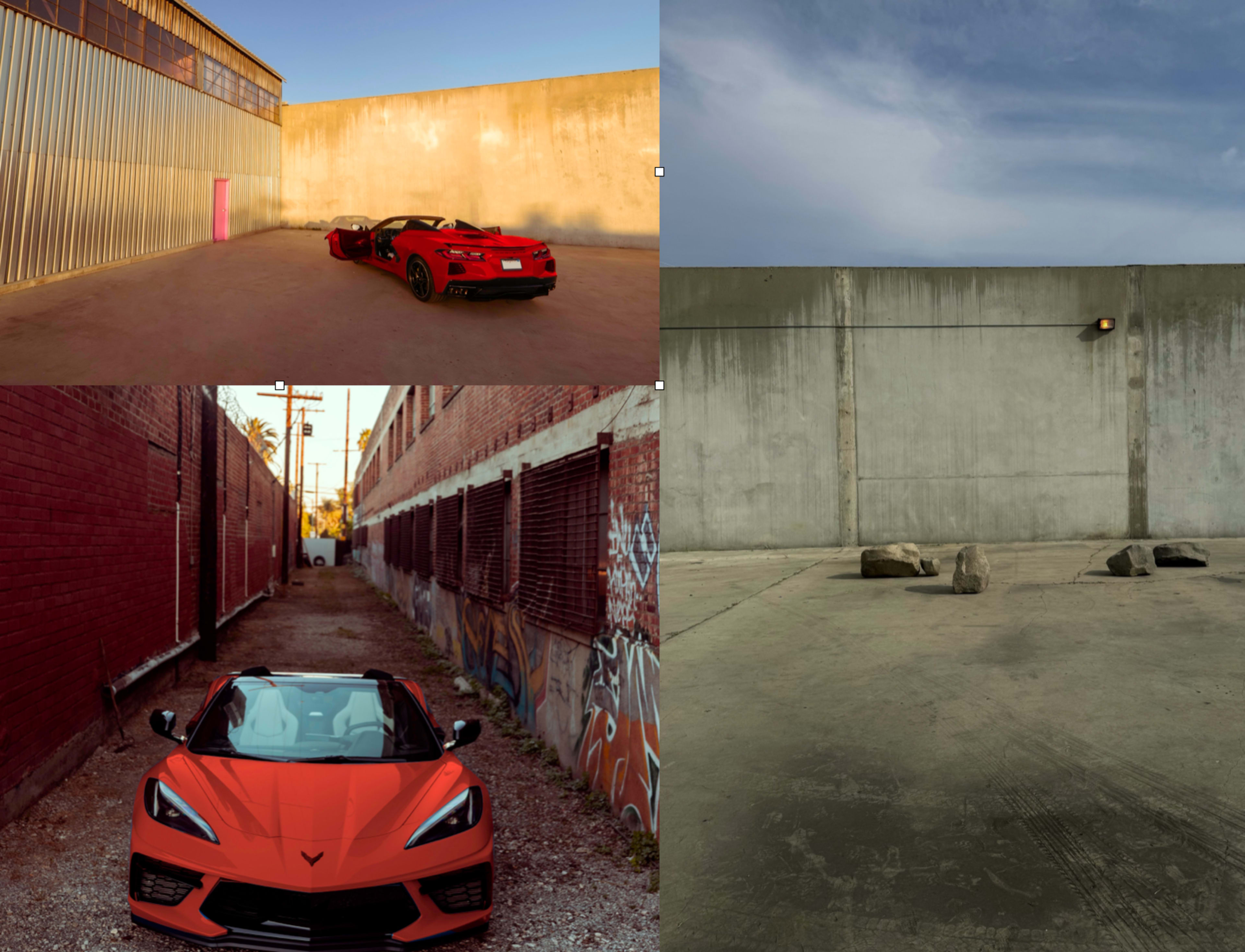 A red sports car parked in an industrial setting with concrete walls and an empty alleyway.