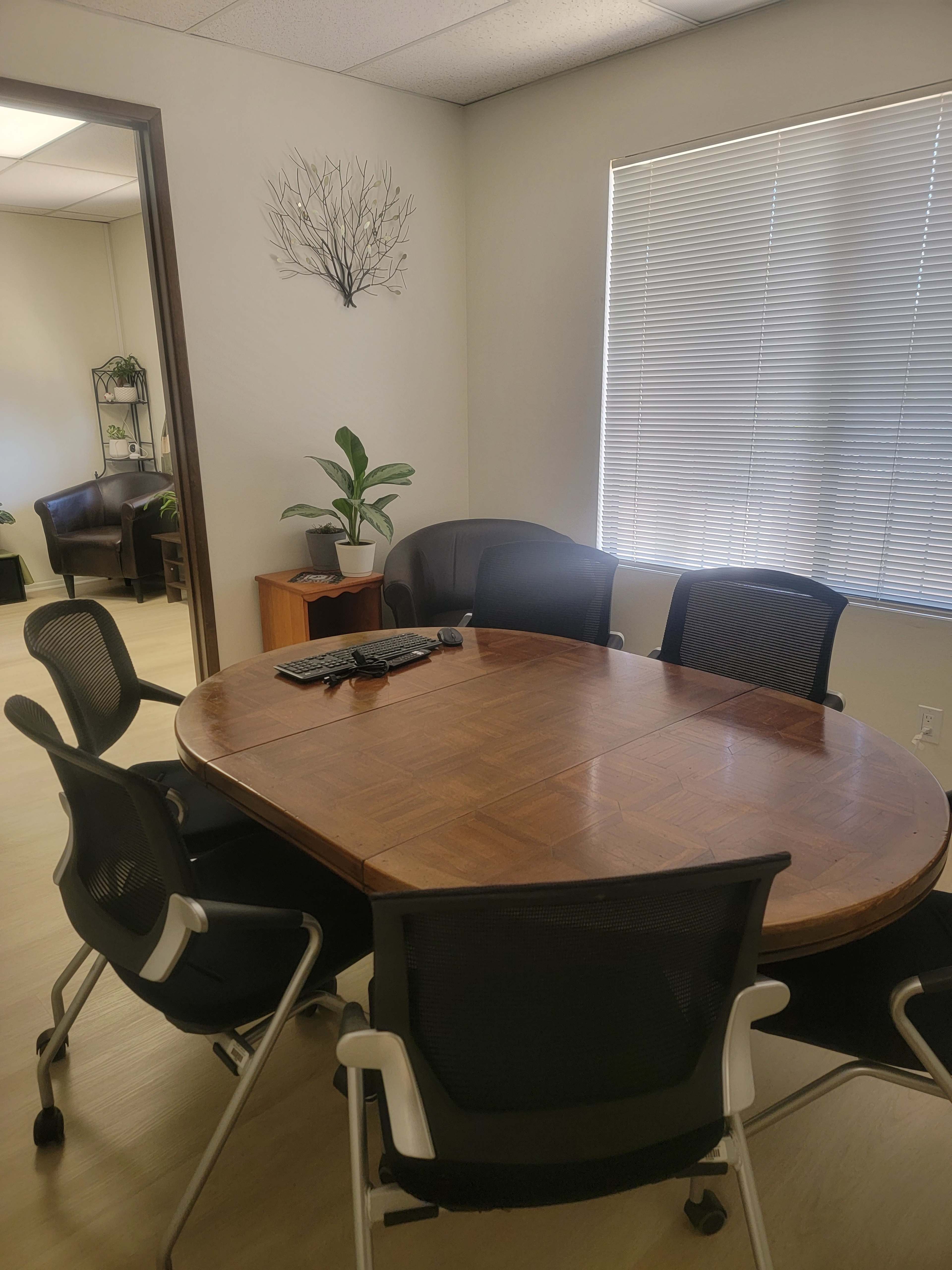 A conference room features a wooden oval table surrounded by four ergonomic chairs, with a potted plant and a wall-mounted decoration visible in the background.