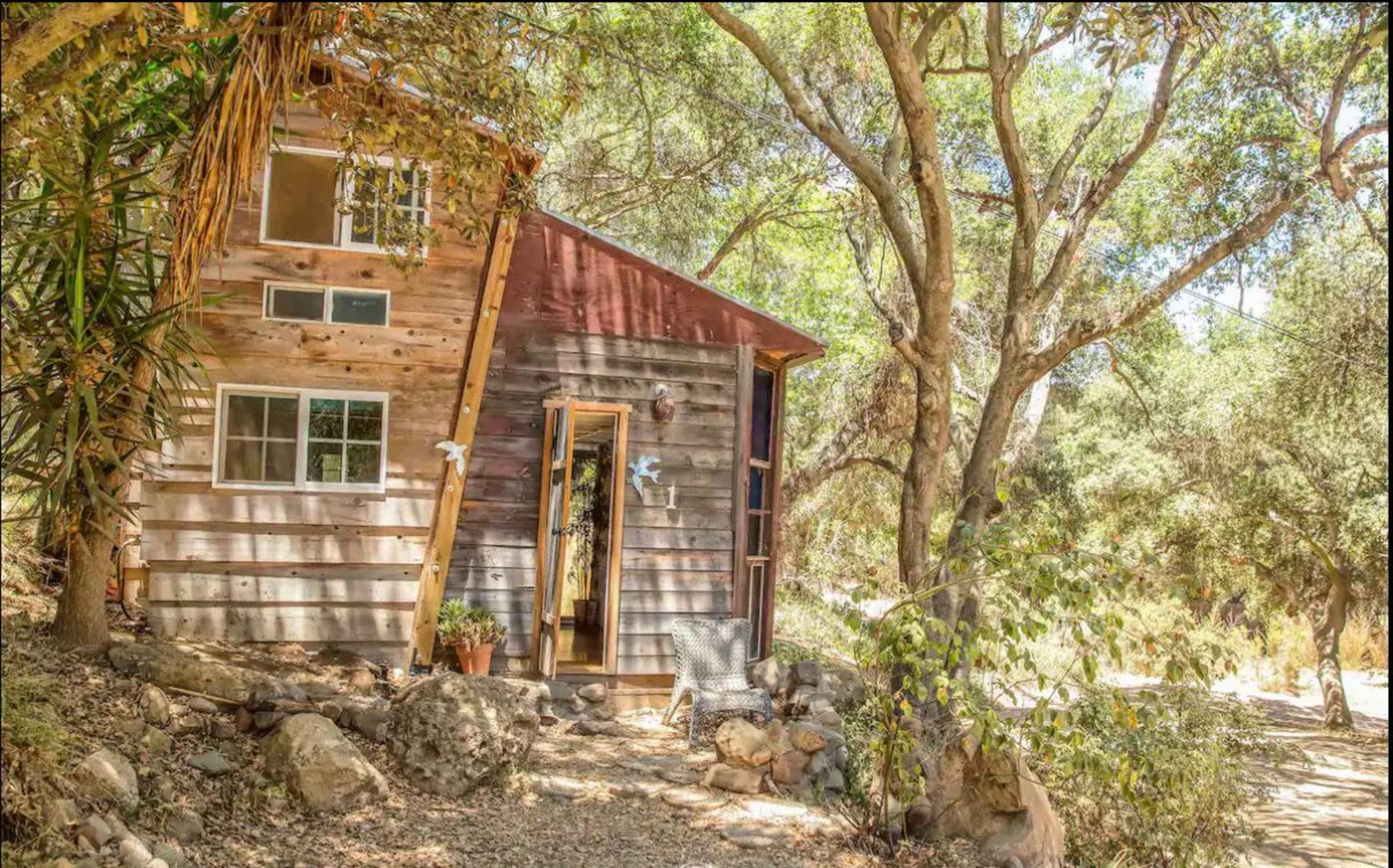 A rustic wooden cabin is nestled among trees with a stone pathway leading to its entrance.
