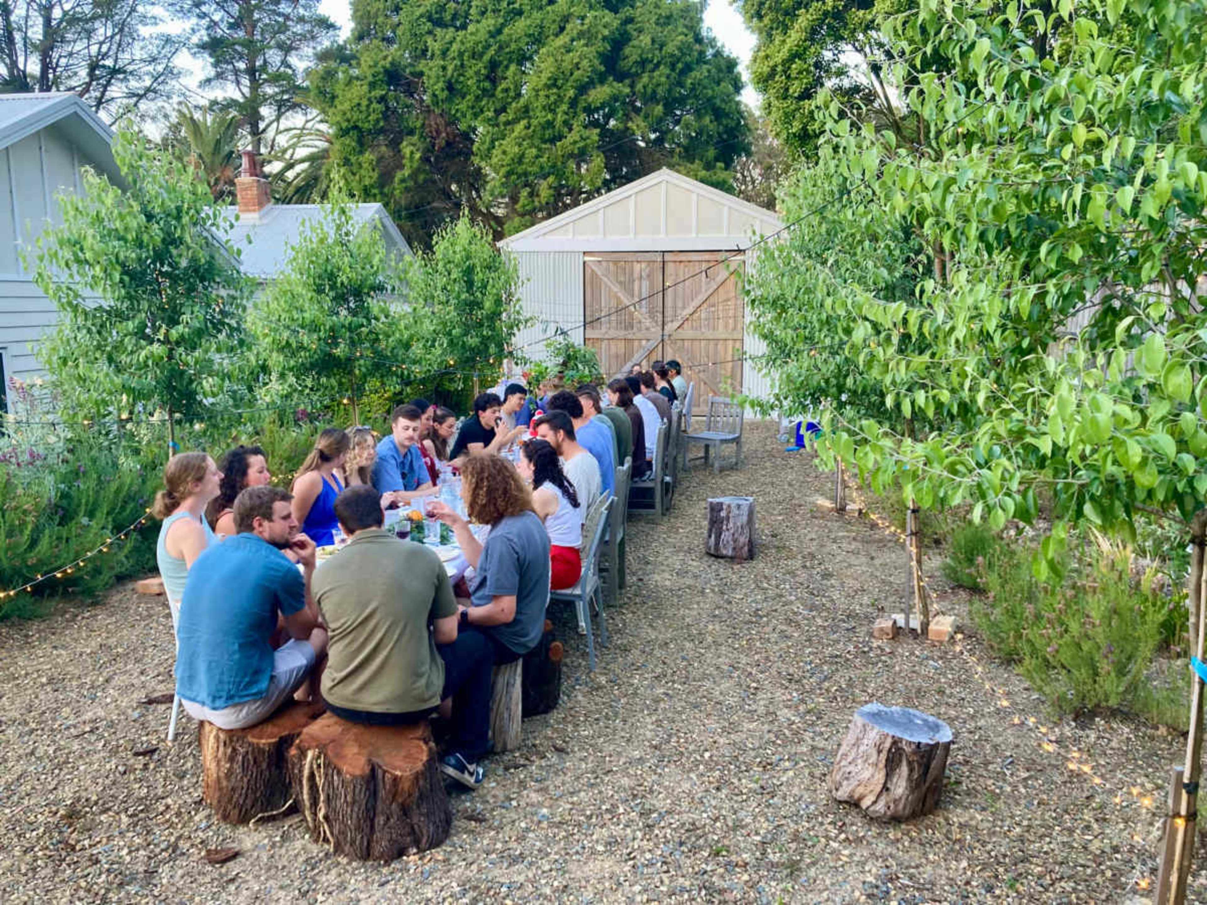 A long outdoor table set for a meal is surrounded by guests seated on wooden stumps beneath trees in a garden setting.