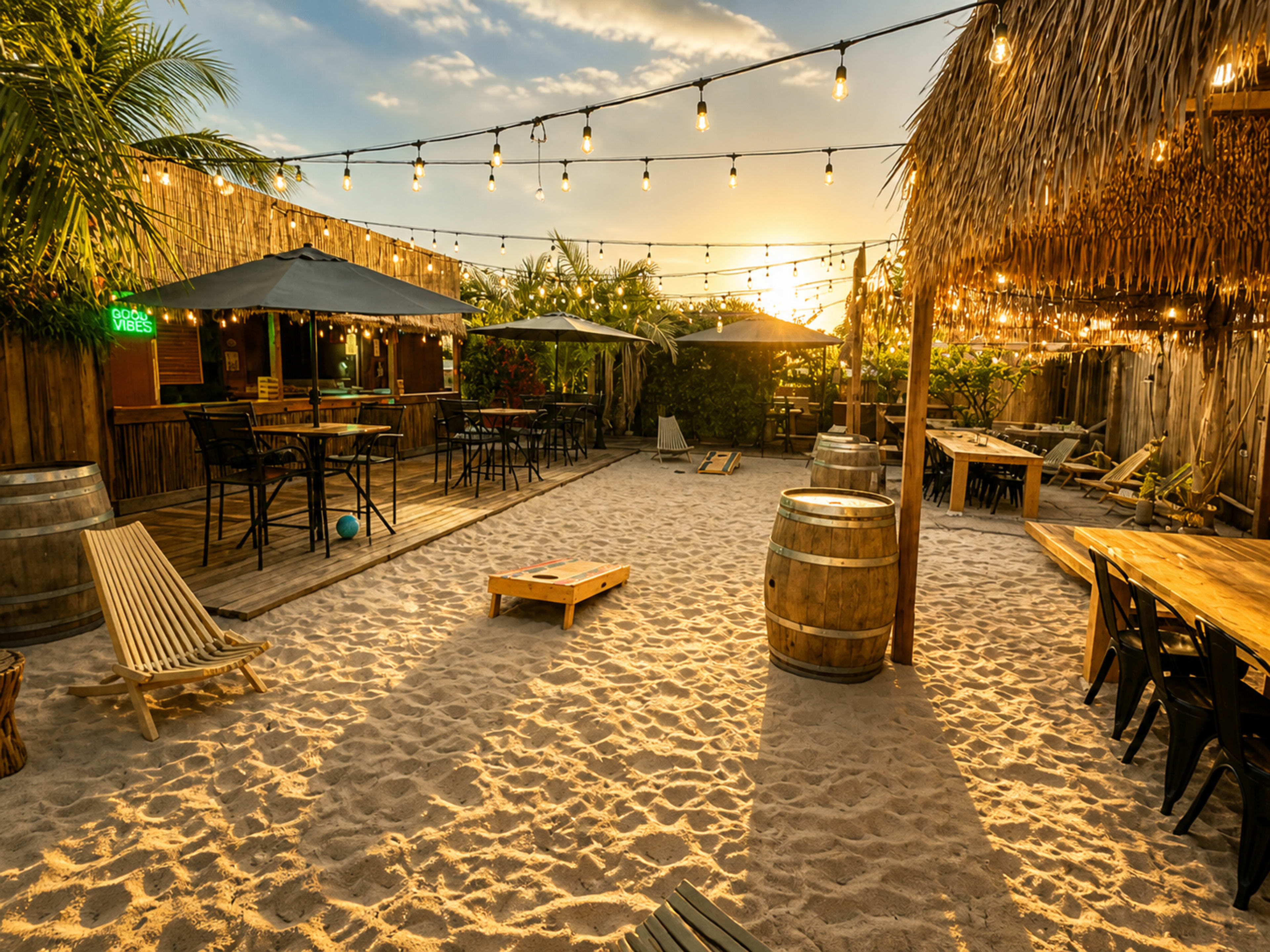 The image shows a sandy outdoor space with string lights overhead, wooden furniture, and barrel tables, creating a casual atmosphere.