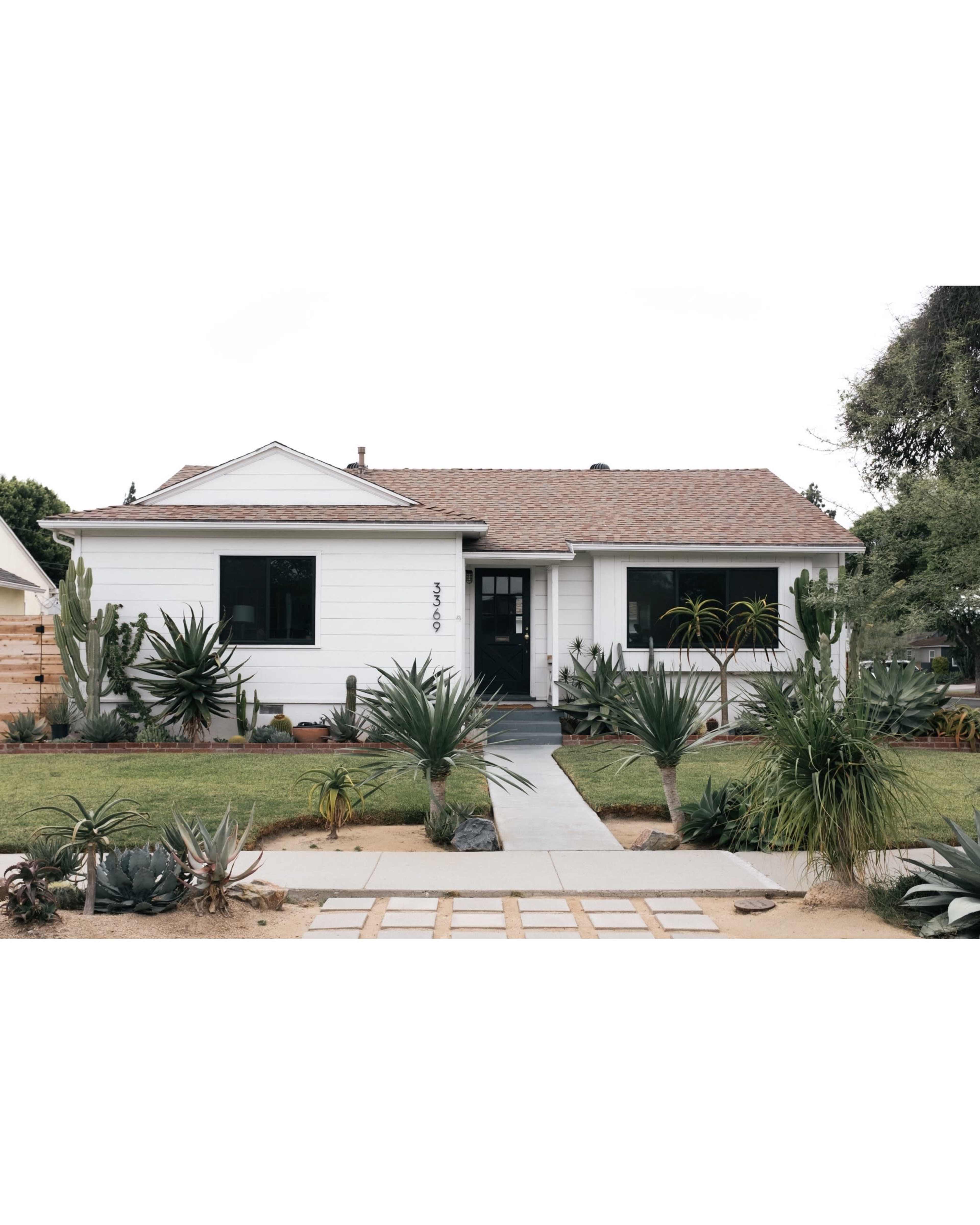 A white suburban house with a brown shingled roof has dark windows and a concrete pathway bordered by various succulents and plants.