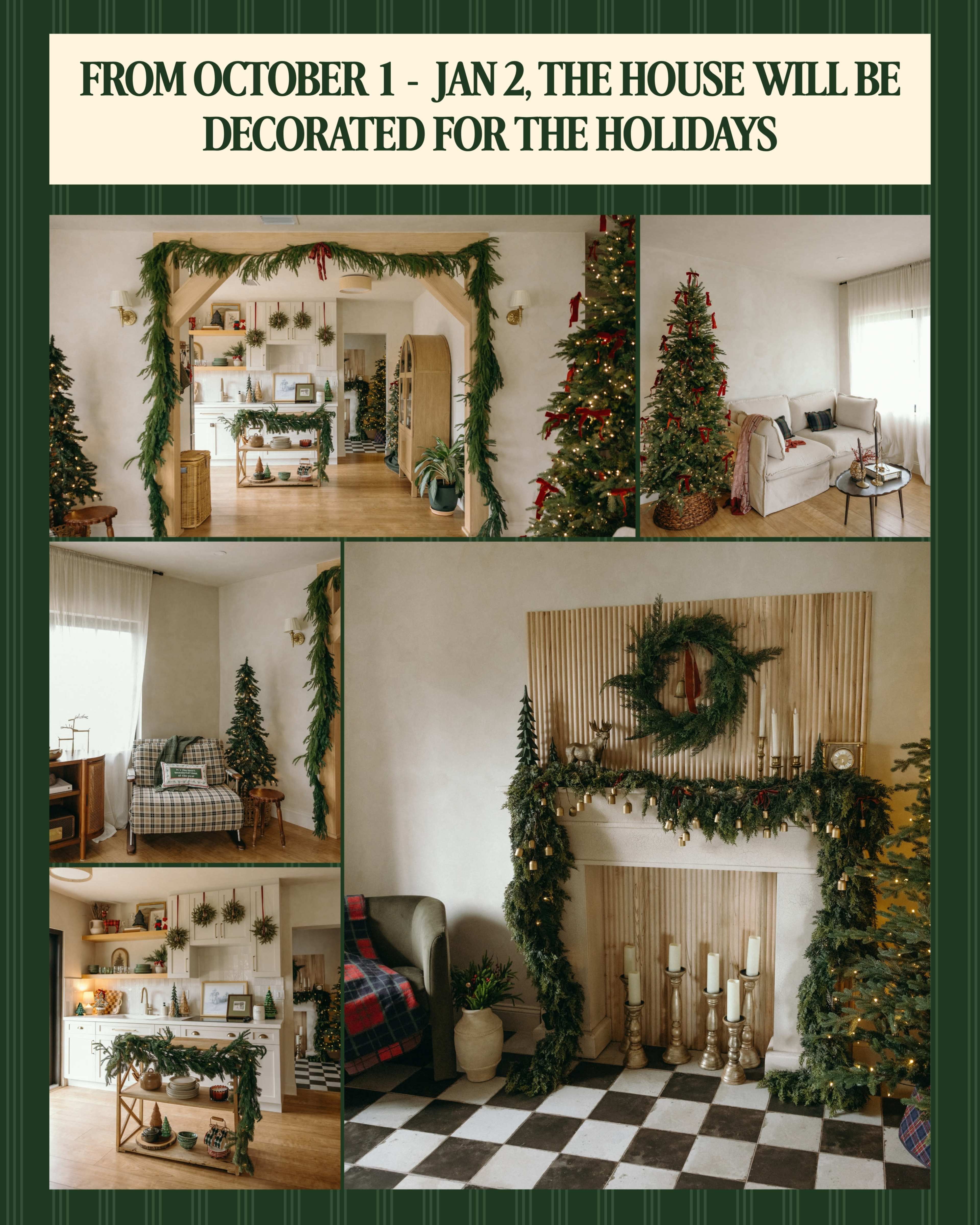 The image features a collage of holiday-decorated interior spaces, including a living room with a Christmas tree, a fireplace adorned with greenery, and a festive kitchen.