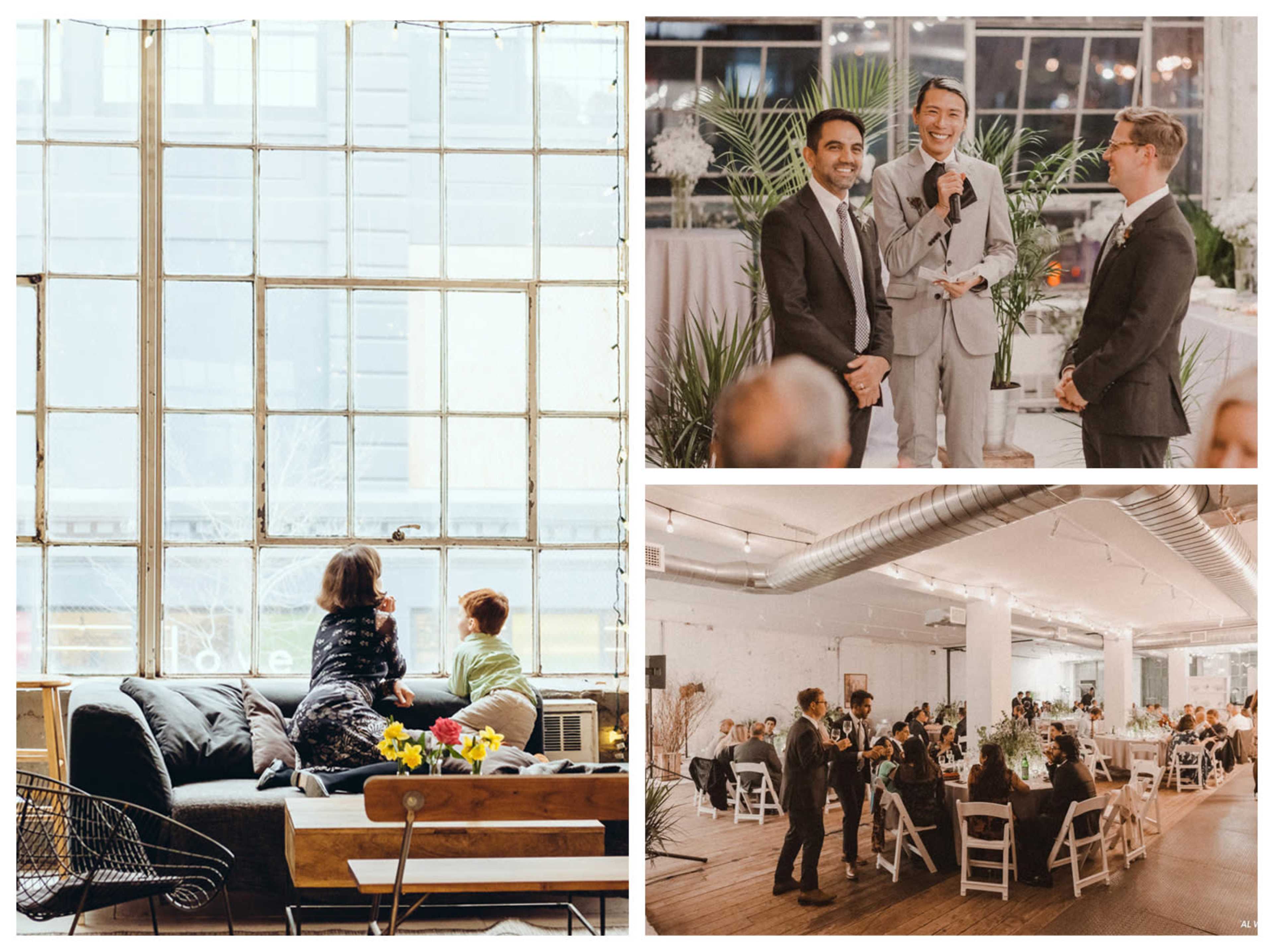 The image shows an indoor event space with large windows, people speaking at a microphone, and guests seated at tables in an elegantly decorated setting.
