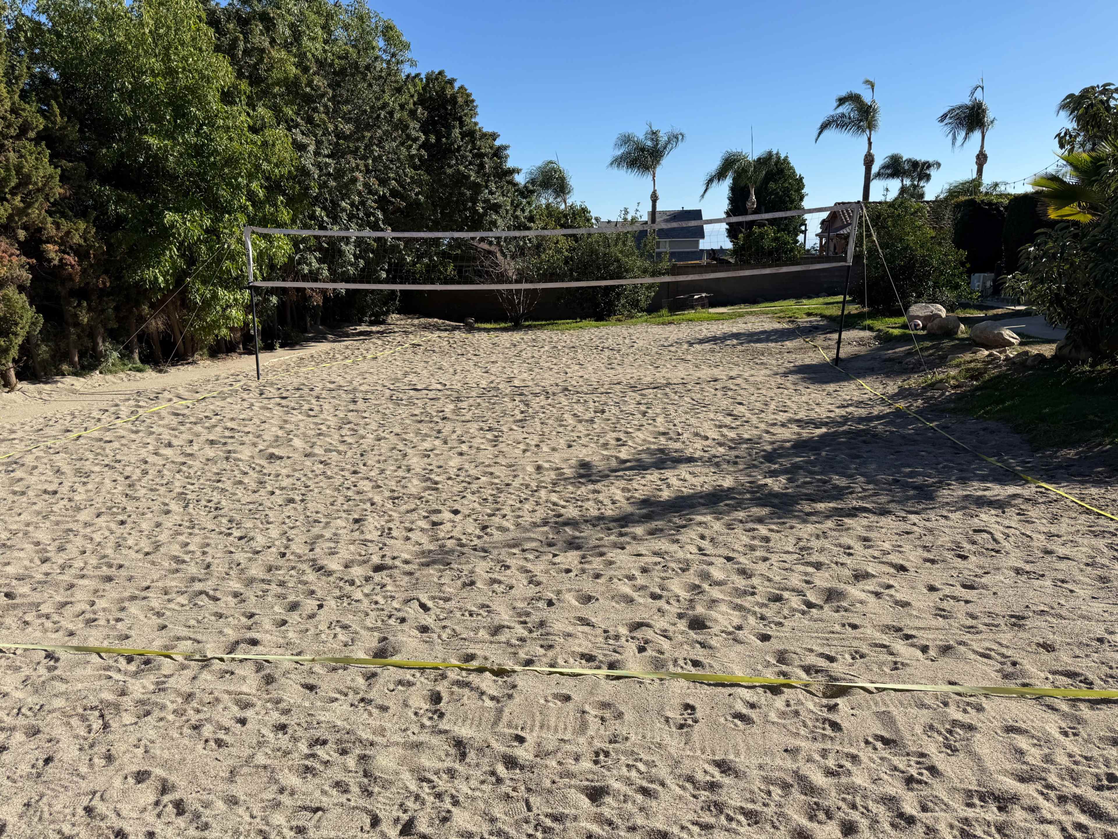 A sandy volleyball court is set up outdoors, surrounded by greenery and tall palm trees under a clear blue sky.