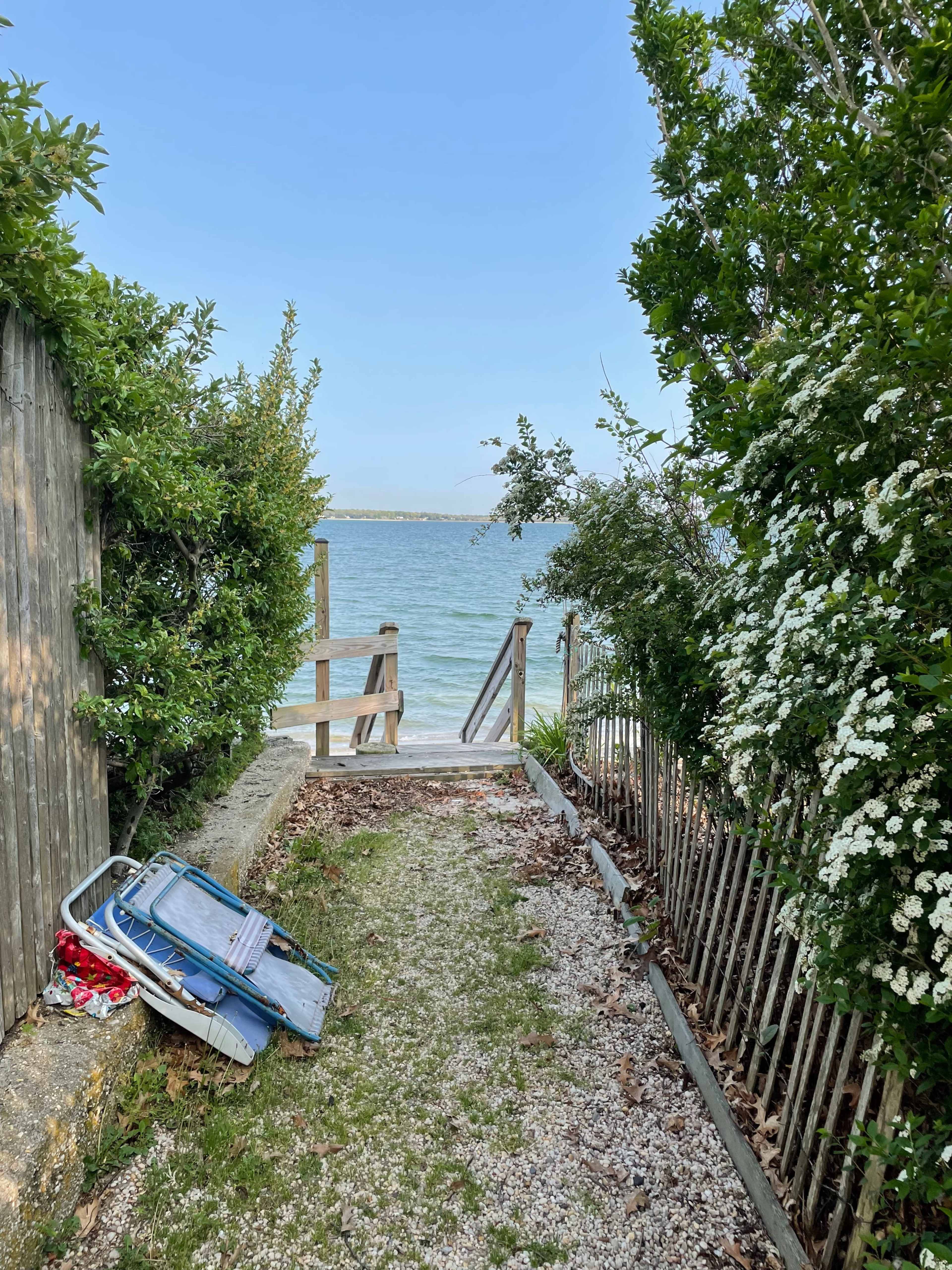 A narrow pathway lined with greenery leads to a wooden dock at the water's edge.