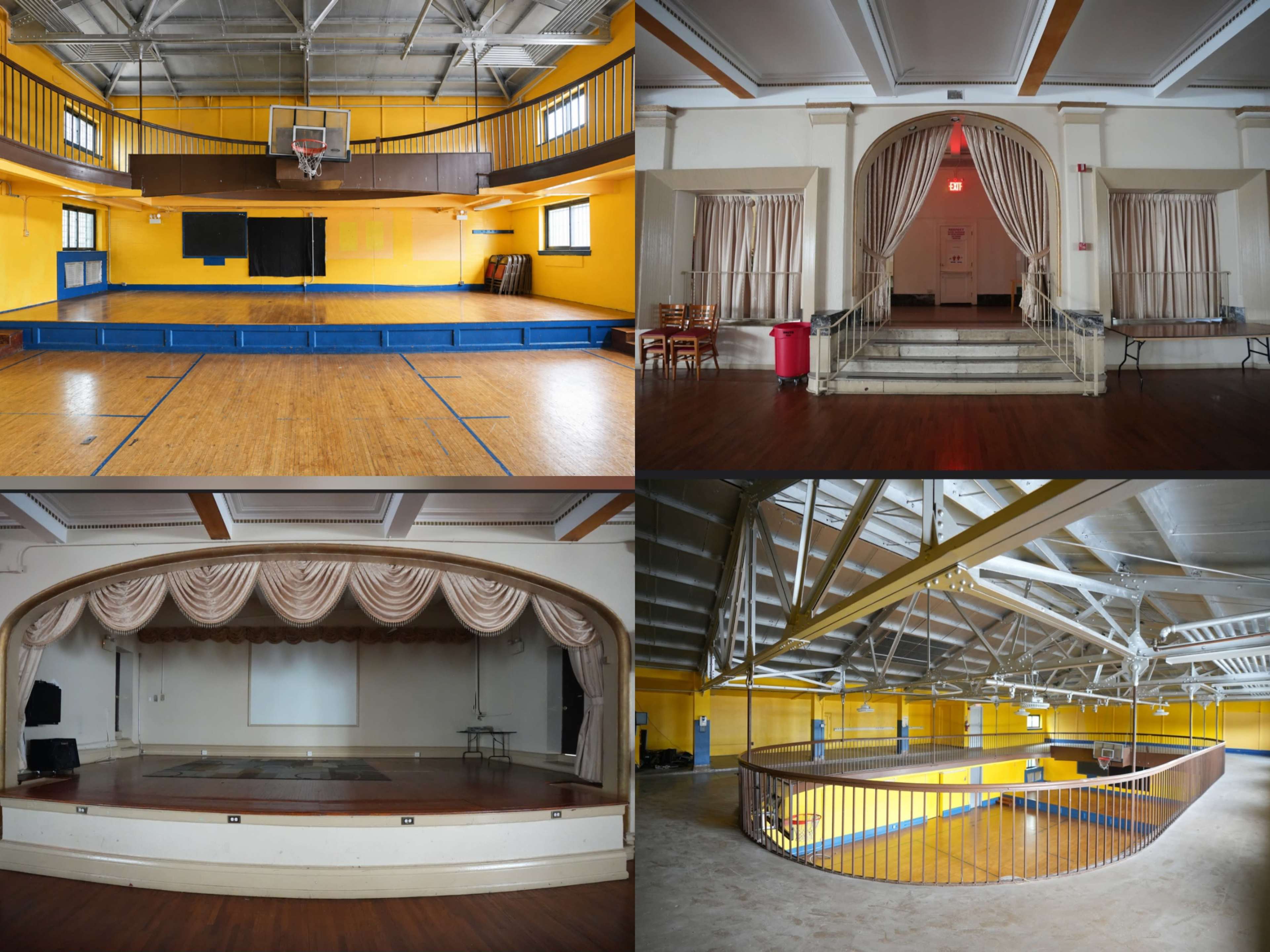 The image showcases a multi-purpose indoor space featuring a basketball court in one corner, a stage with curtains in another, and balconies overlooking the main area.